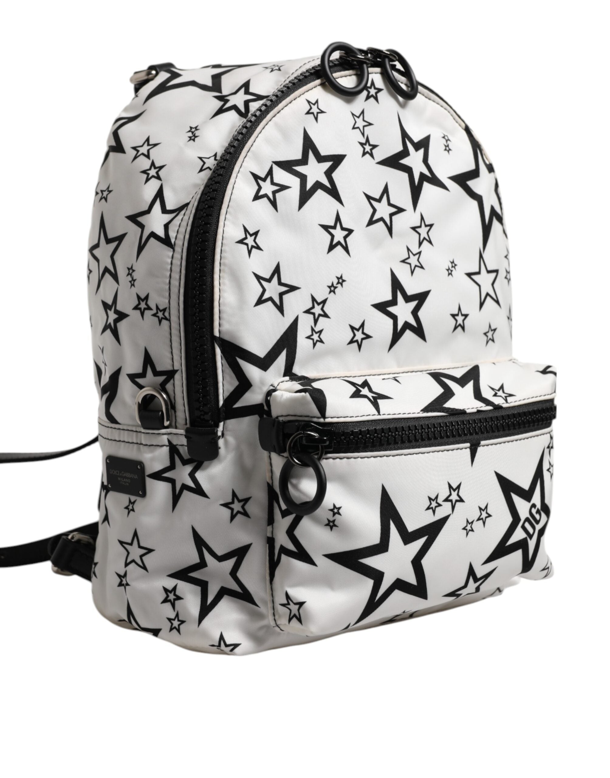White DG Stars Print Nylon Travel Backpack Bag - ventzia