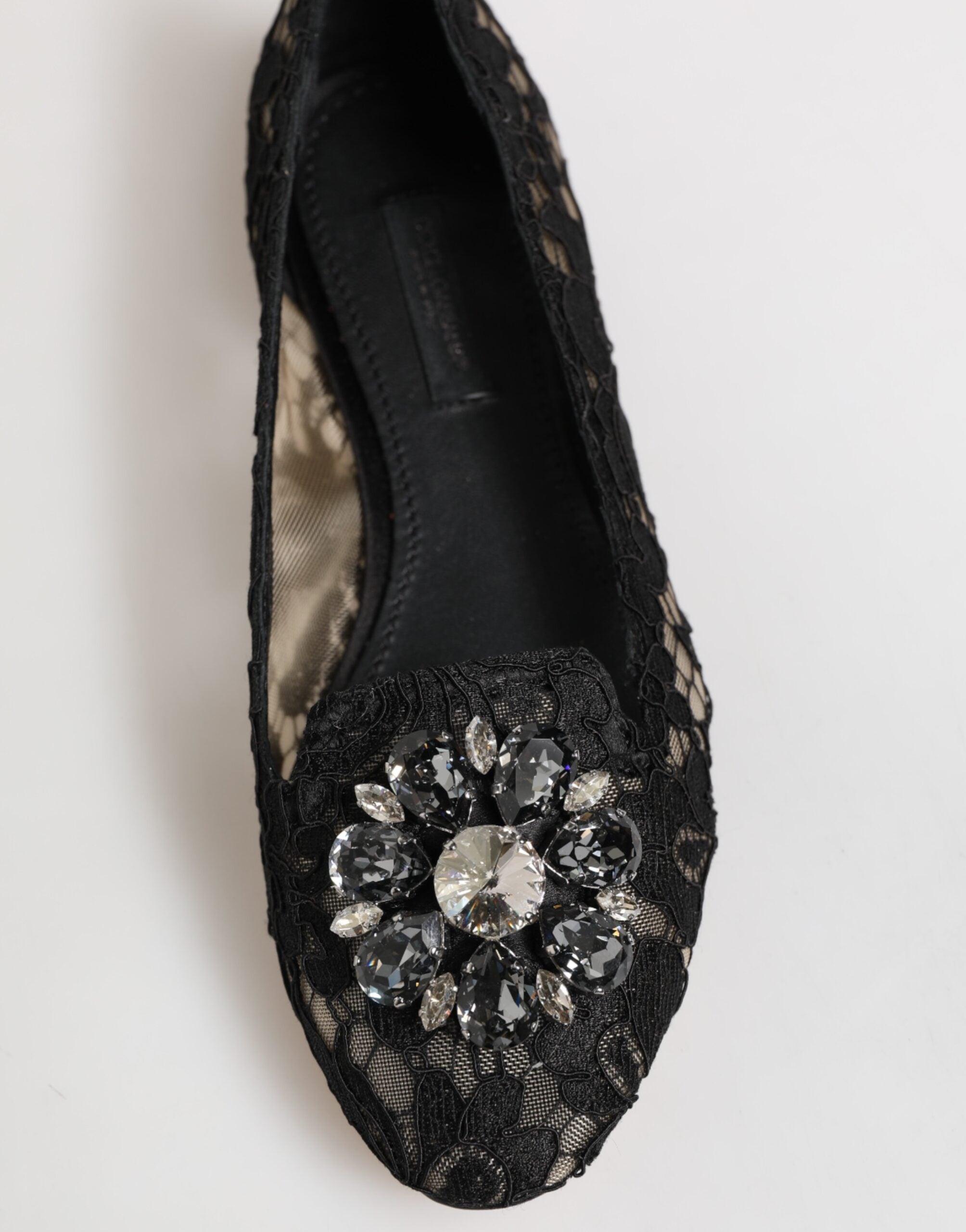 Black Taormina Lace Crystals Flats Shoes - ventzia