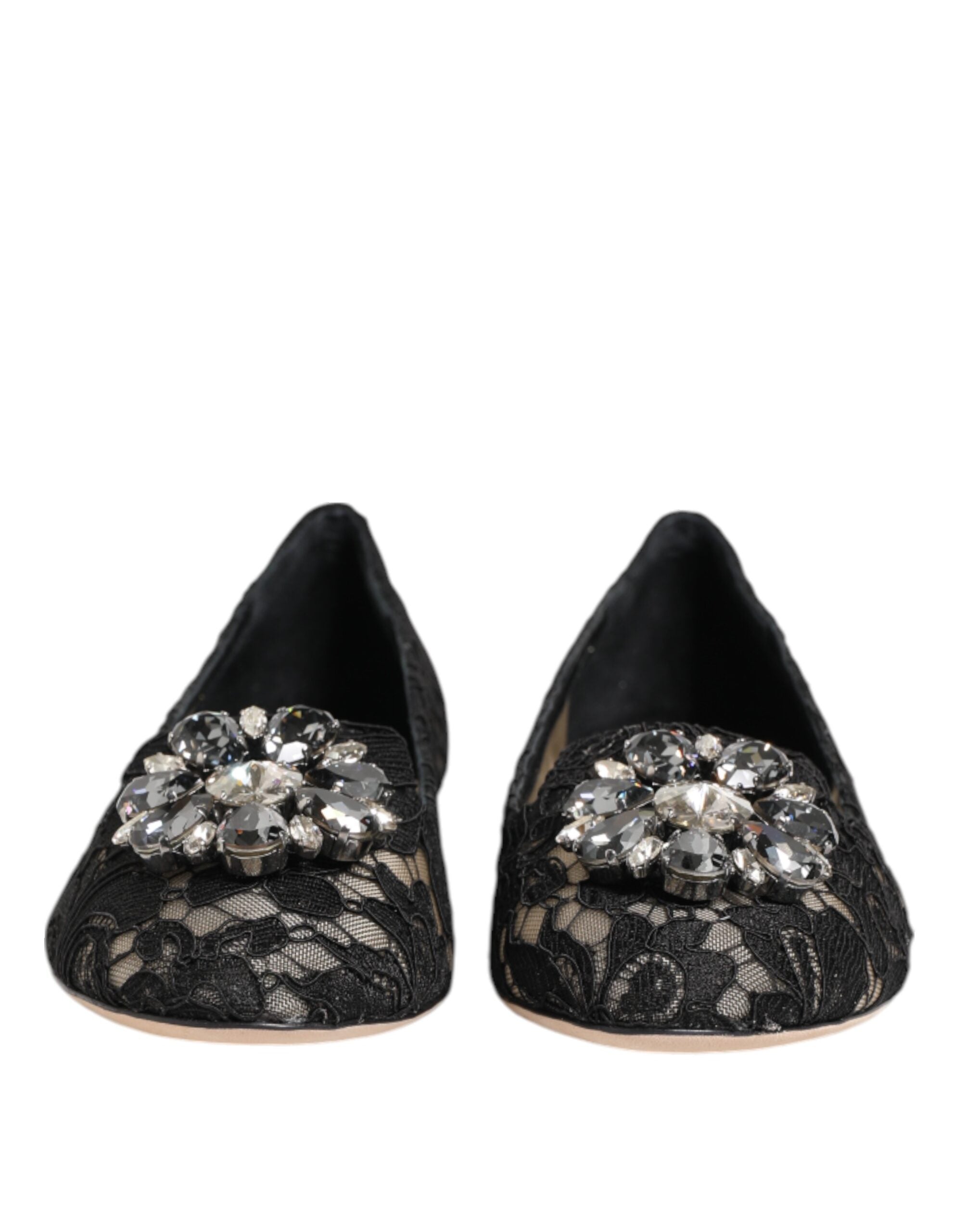 Black Taormina Lace Crystals Flats Shoes - ventzia
