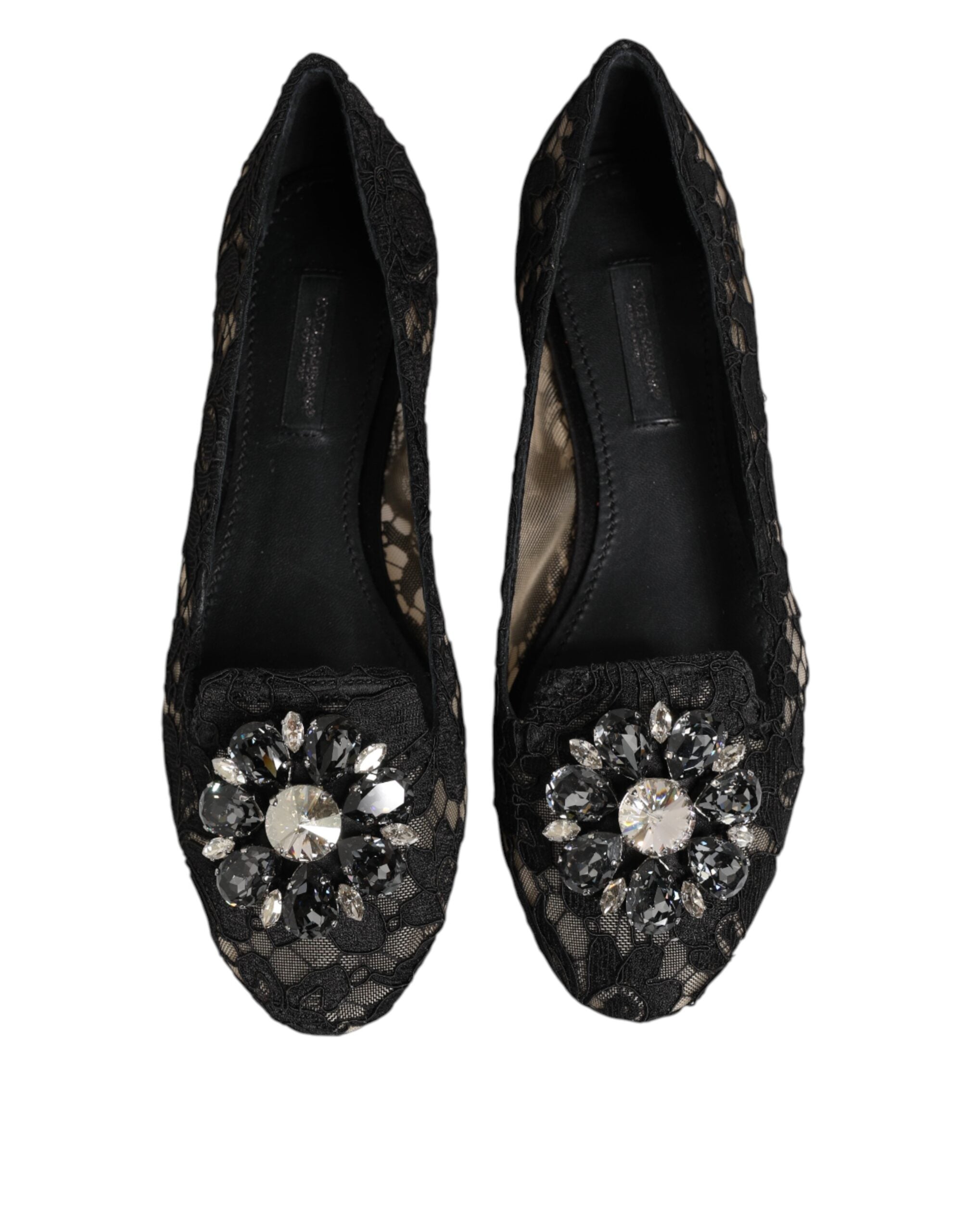 Black Taormina Lace Crystals Flats Shoes - ventzia