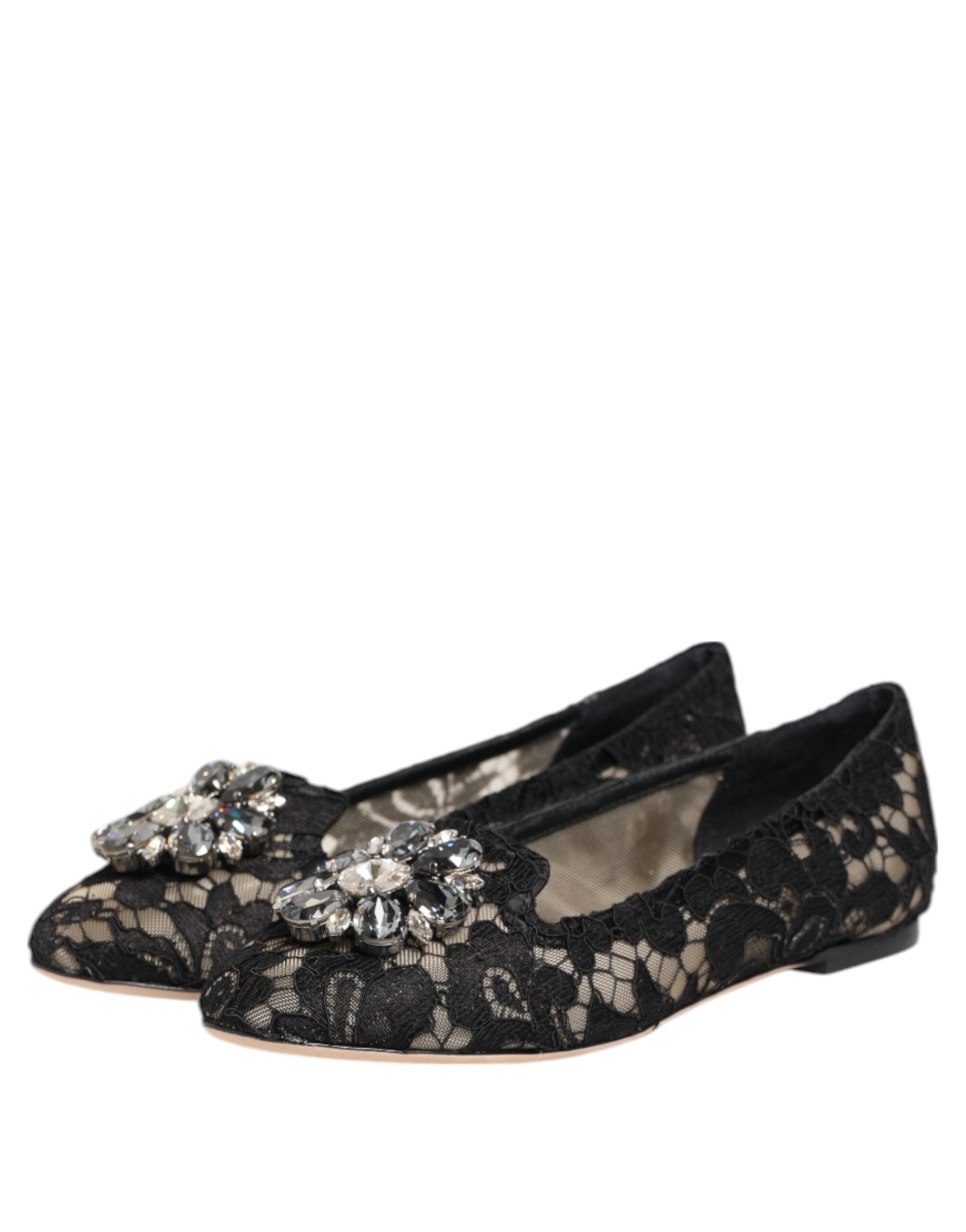 Black Taormina Lace Crystals Flats Shoes - ventzia