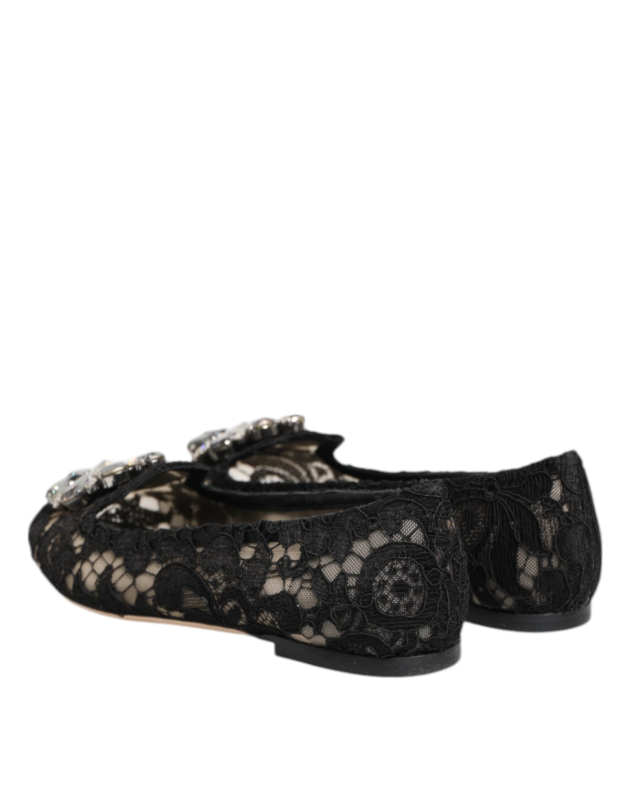 Black Taormina Lace Crystals Flats Shoes - ventzia