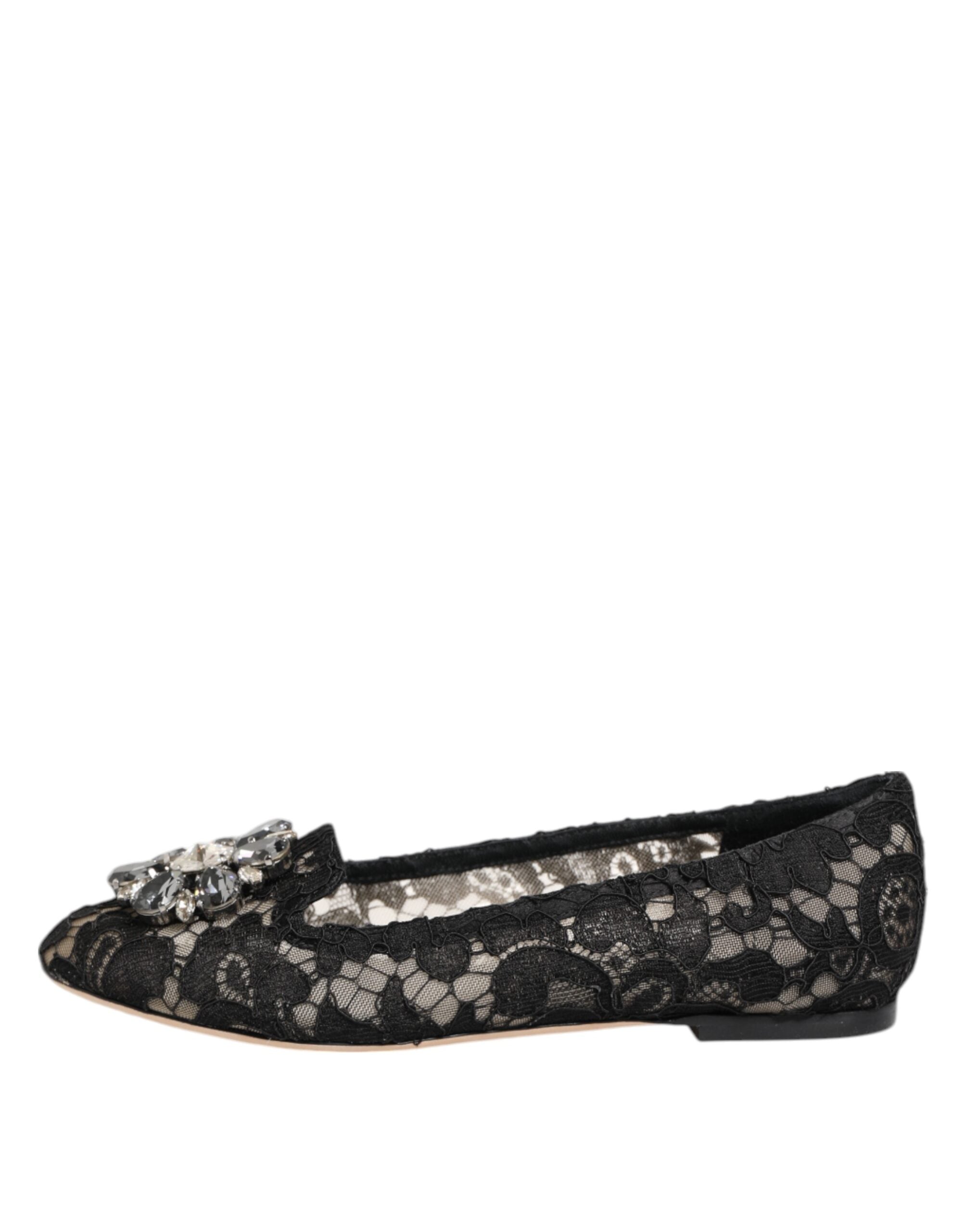 Black Taormina Lace Crystals Flats Shoes - ventzia
