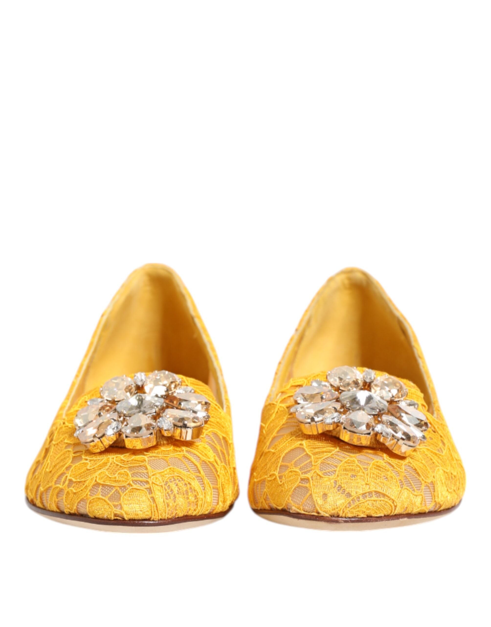 Yellow Taormina Lace Crystals Flats Shoes - ventzia