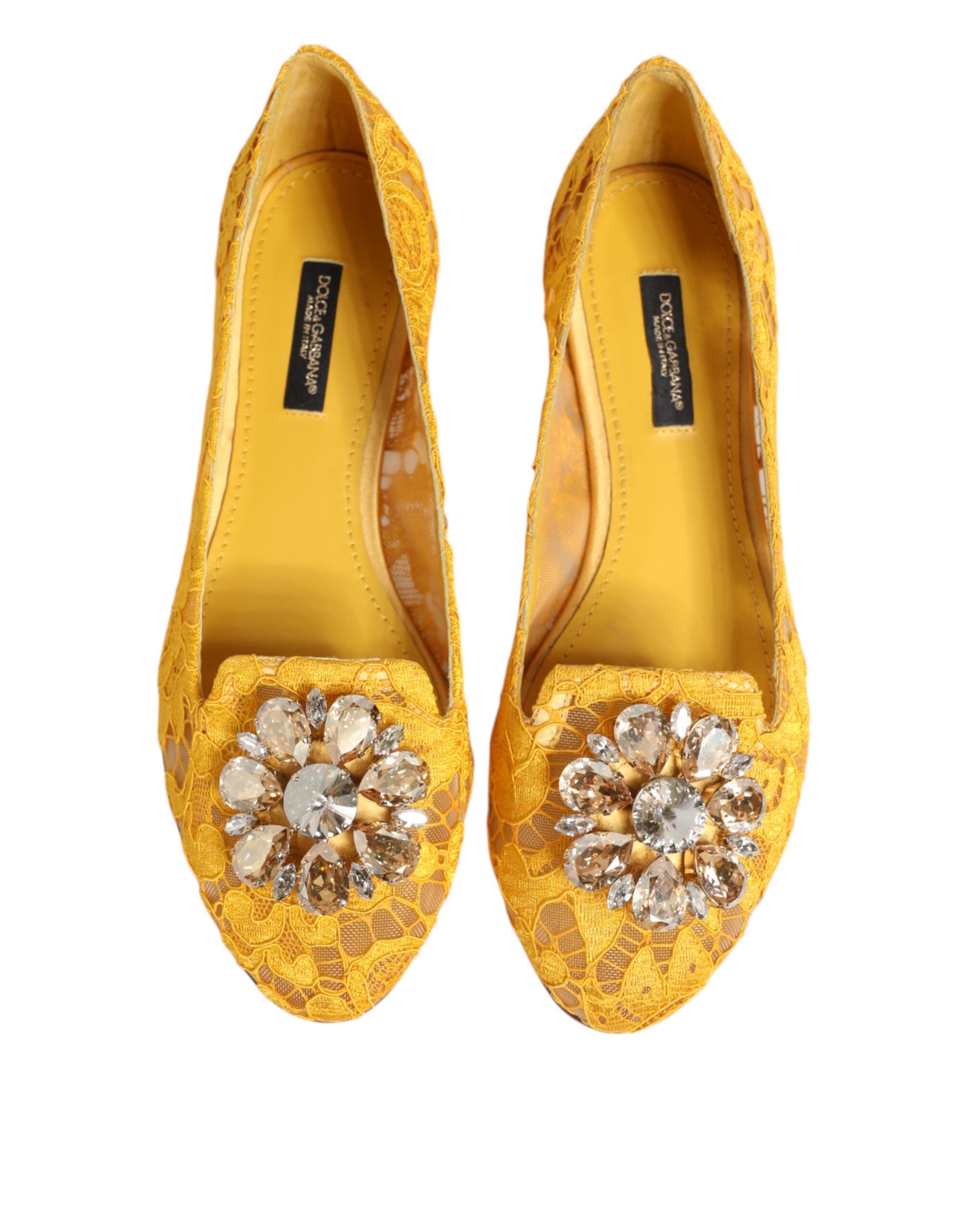 Yellow Taormina Lace Crystals Flats Shoes - ventzia