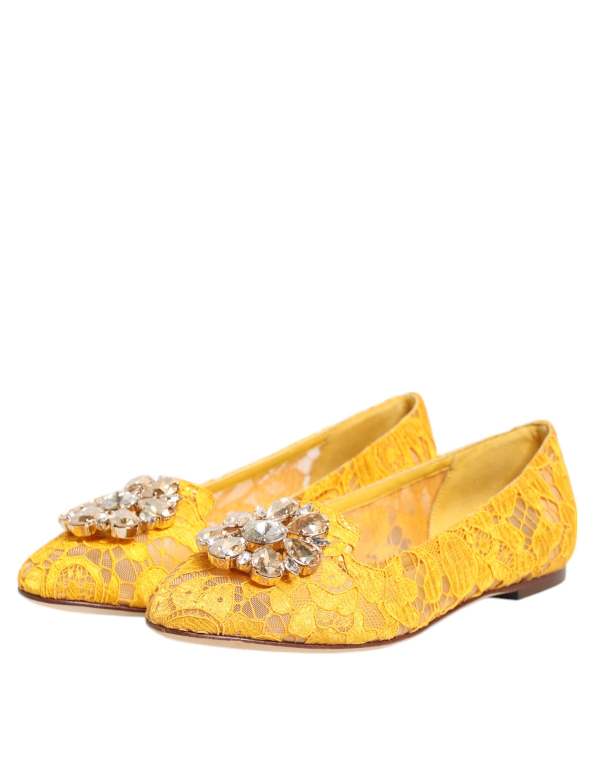 Yellow Taormina Lace Crystals Flats Shoes - ventzia