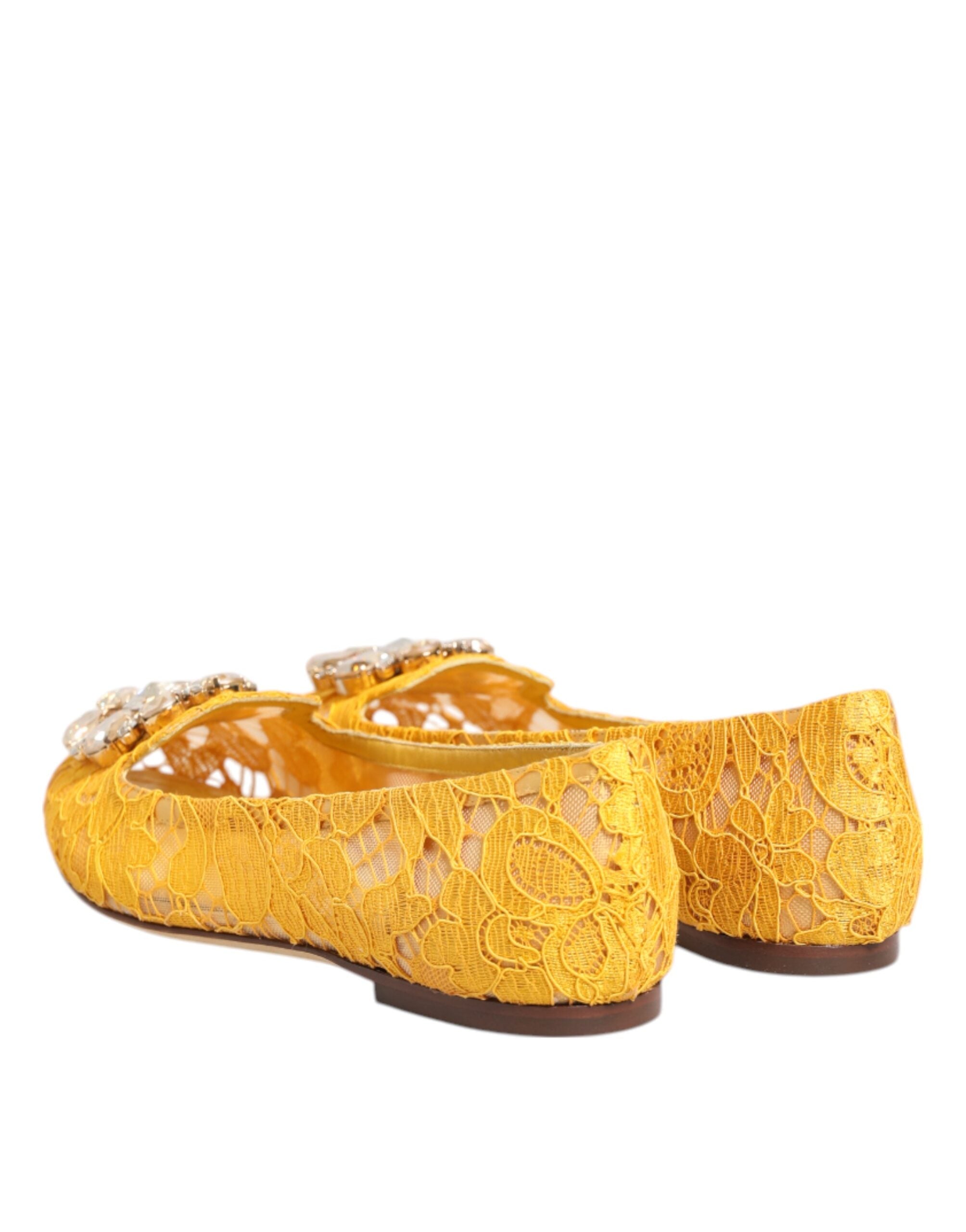 Yellow Taormina Lace Crystals Flats Shoes - ventzia