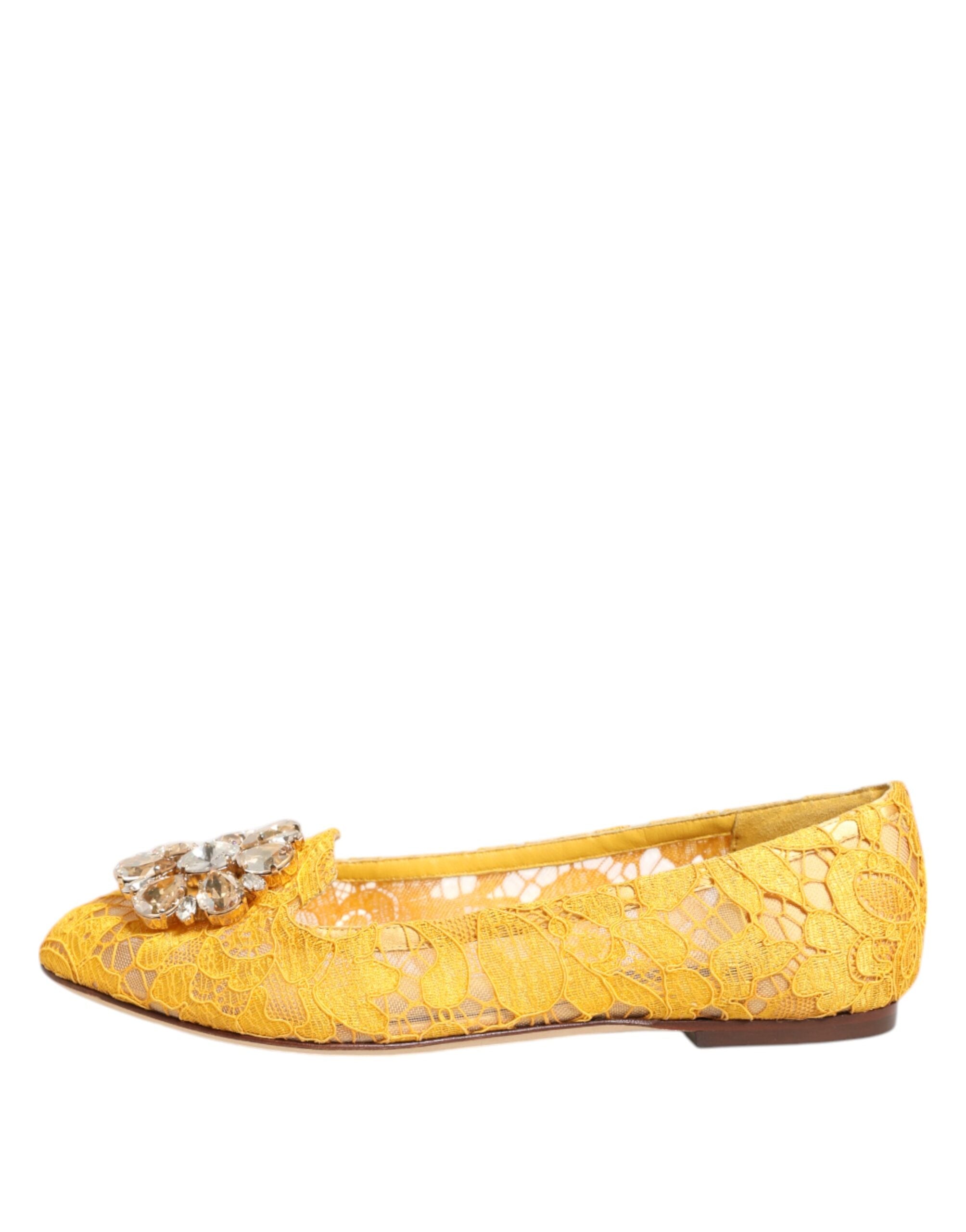 Yellow Taormina Lace Crystals Flats Shoes - ventzia