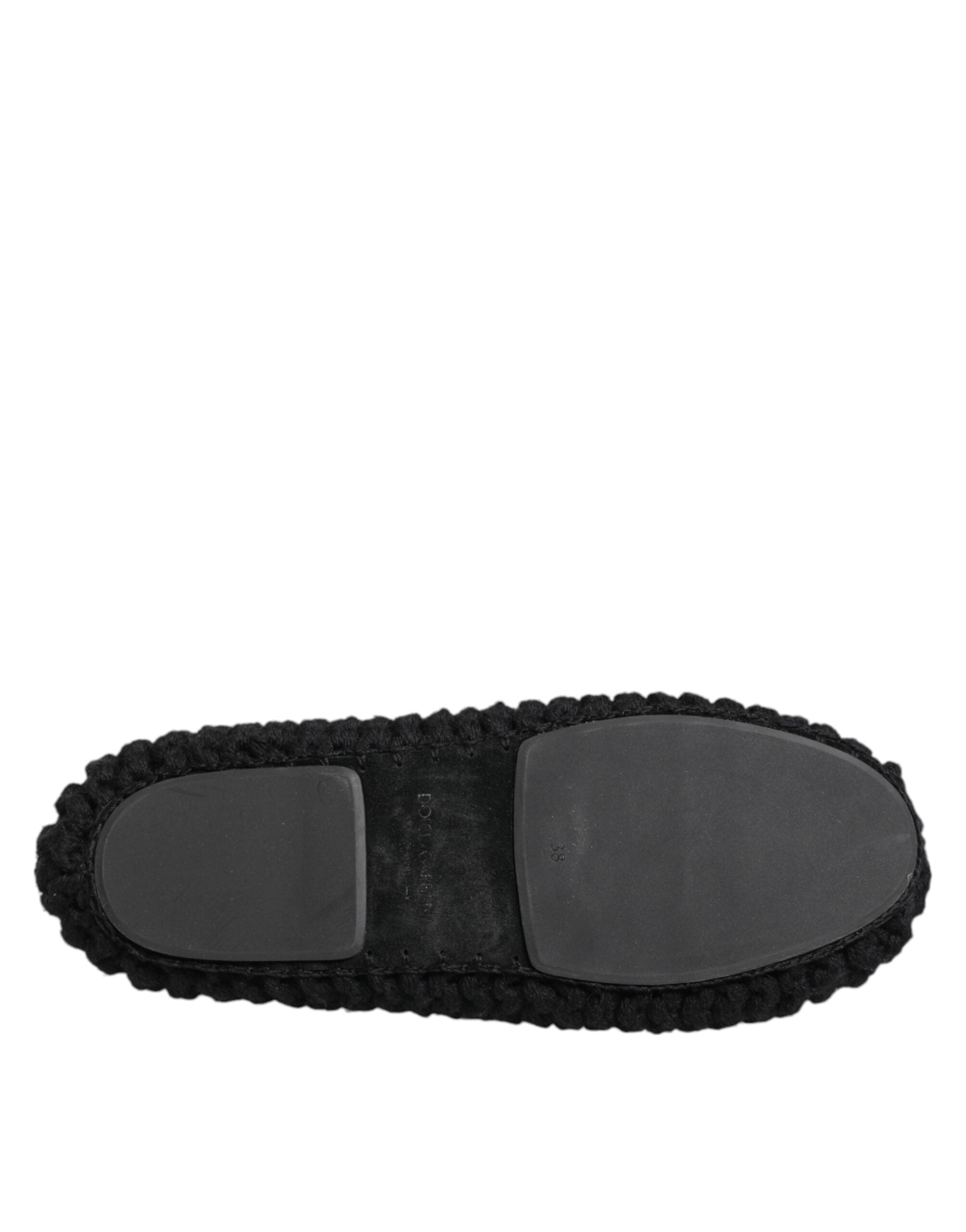 Black Wool Knit Slip On Ballerina Flats Shoes - ventzia