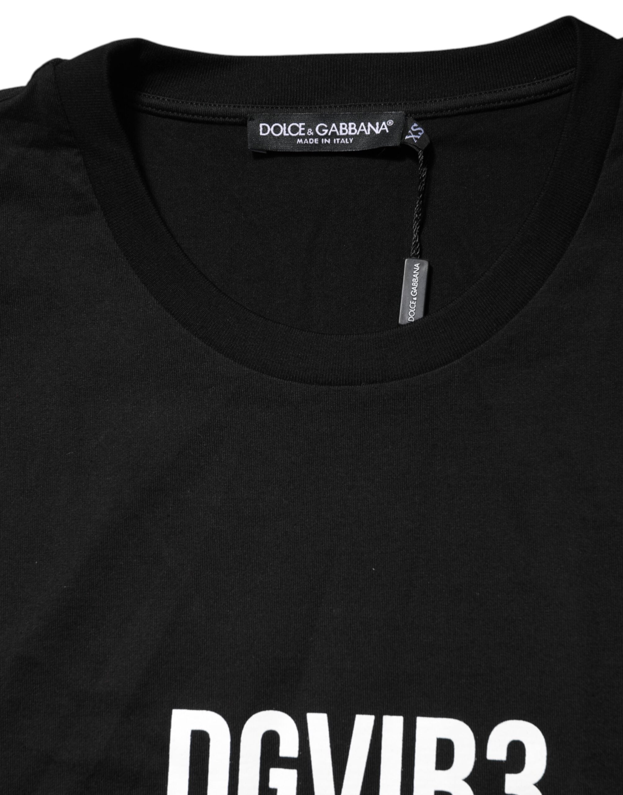 Black DG Vib3 Print Cotton Crew Neck T-shirt - ventzia