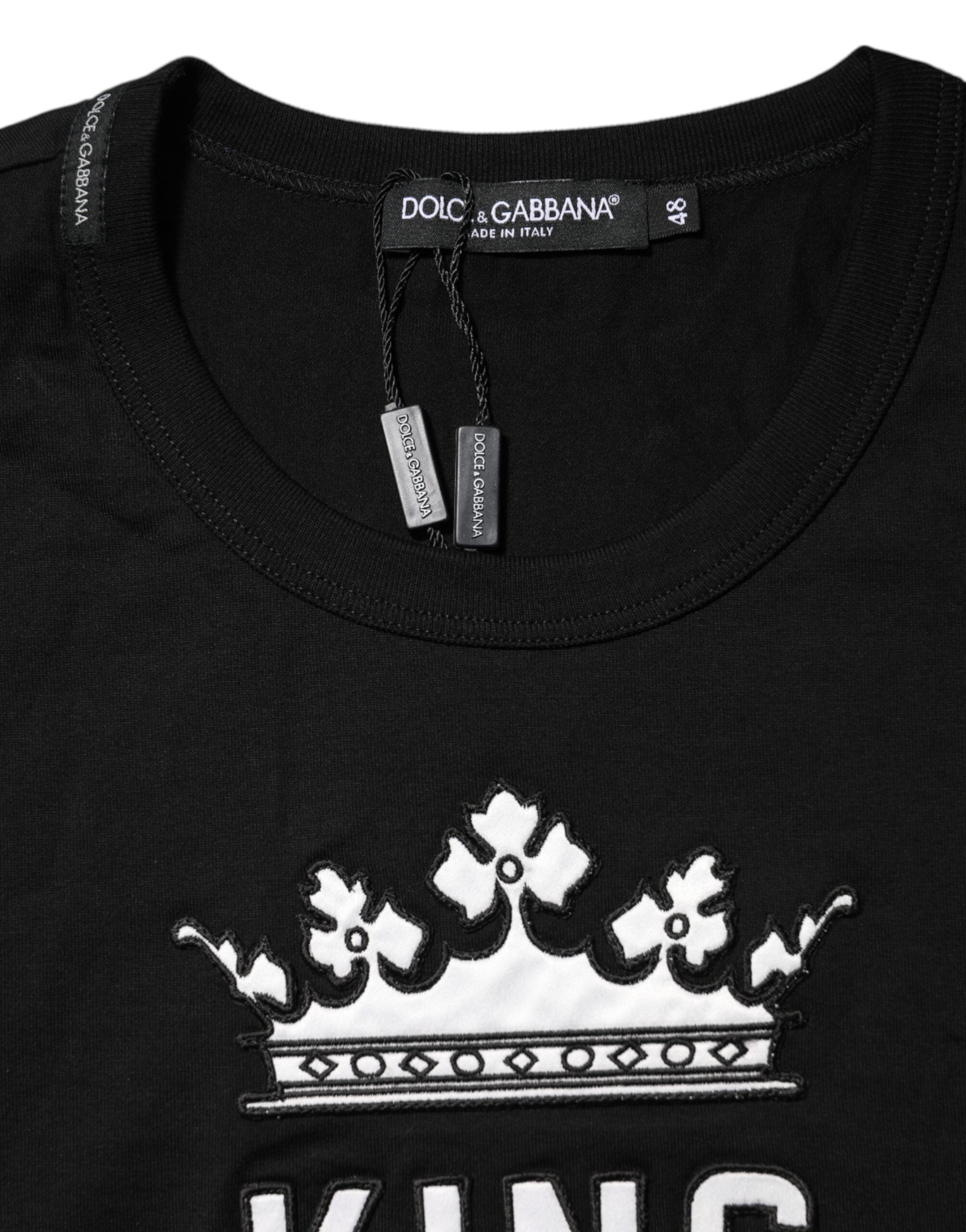 Black DG King Crown Cotton Crew Neck T-shirt - ventzia