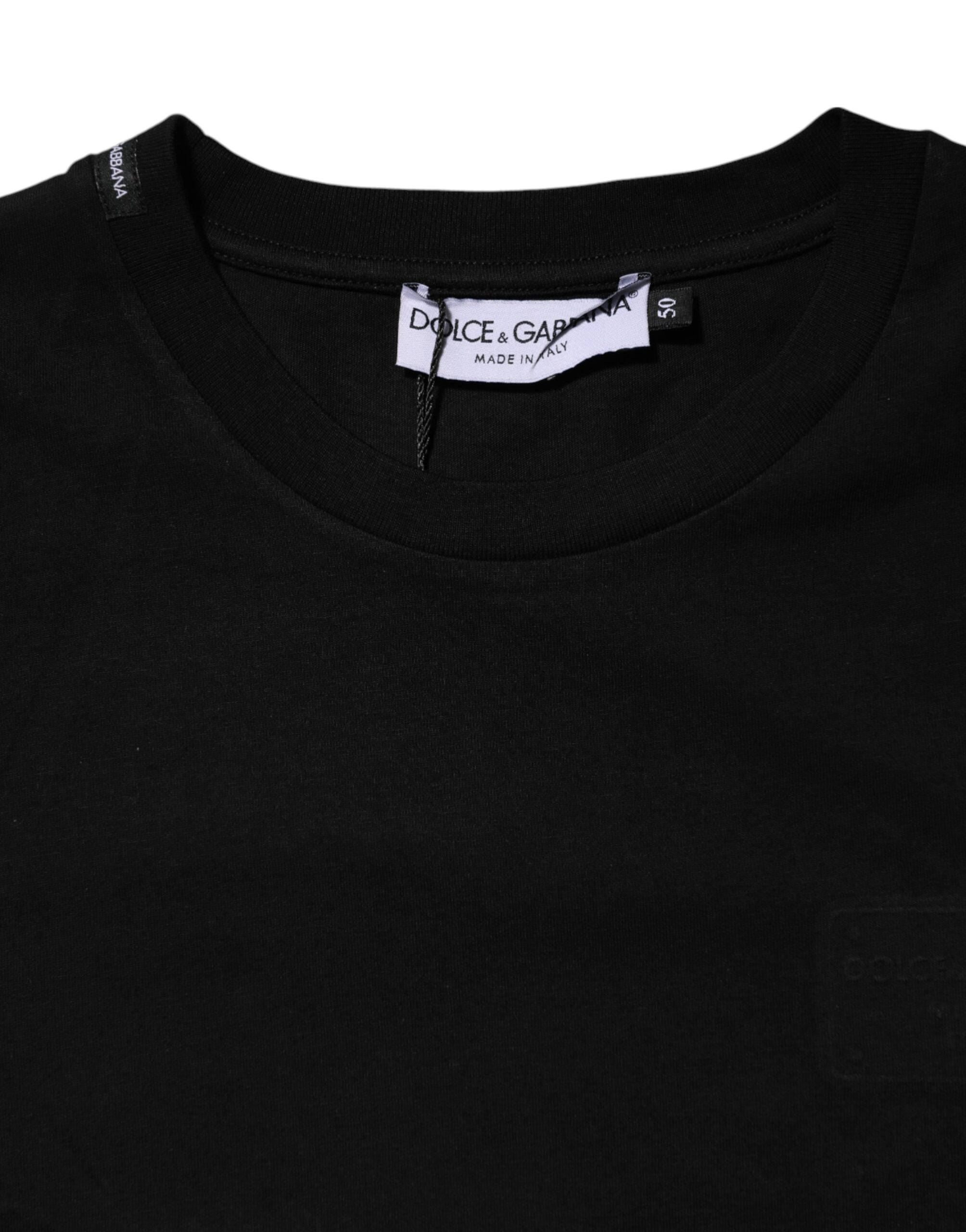Black Cotton Crew Neck Short Sleeves T-shirt - ventzia
