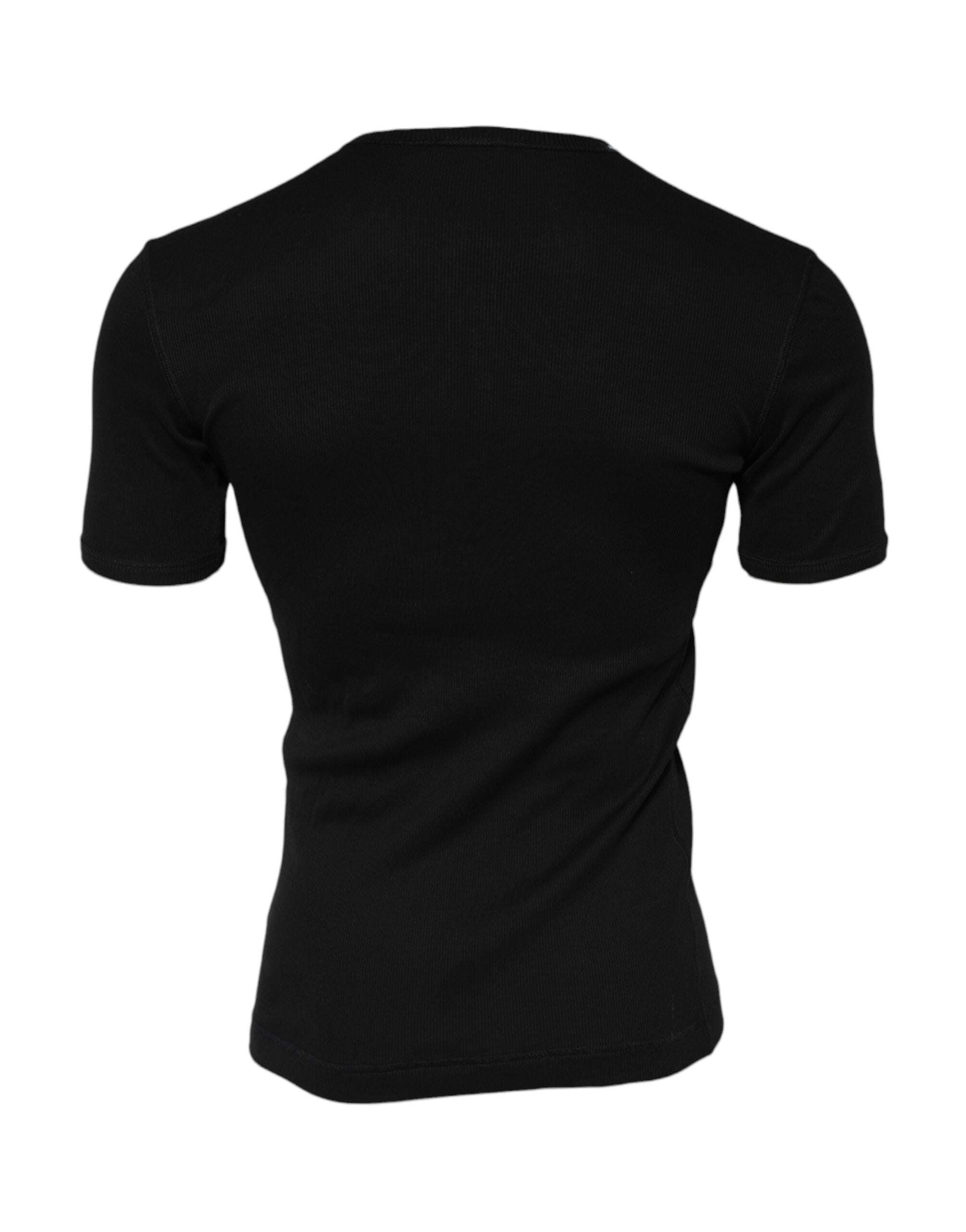 Black Cotton Knit Crew Neck Henley T-shirt - ventzia