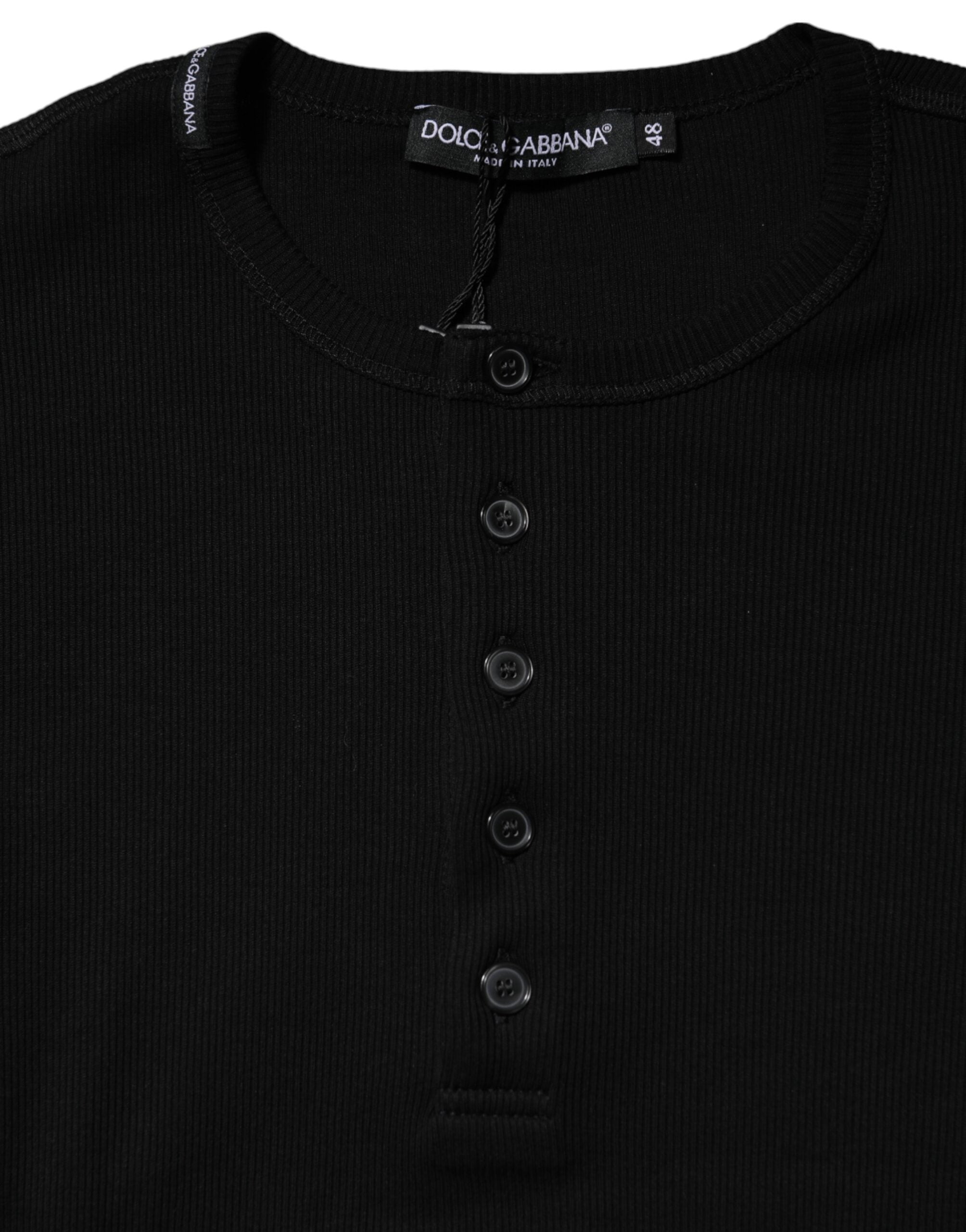 Black Cotton Knit Crew Neck Henley T-shirt - ventzia