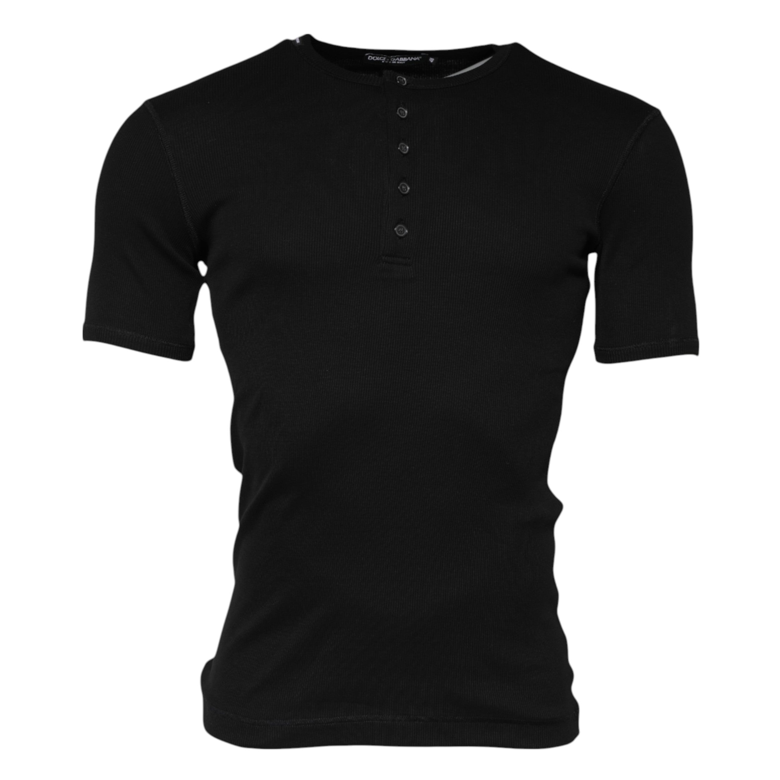 Black Cotton Knit Crew Neck Henley T-shirt - ventzia