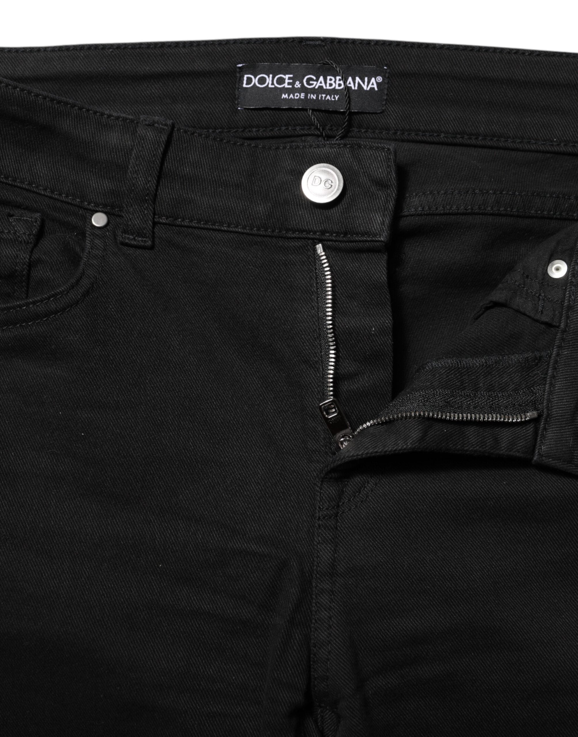 Black Cotton Skinny Mid Waist Denim Jeans - ventzia