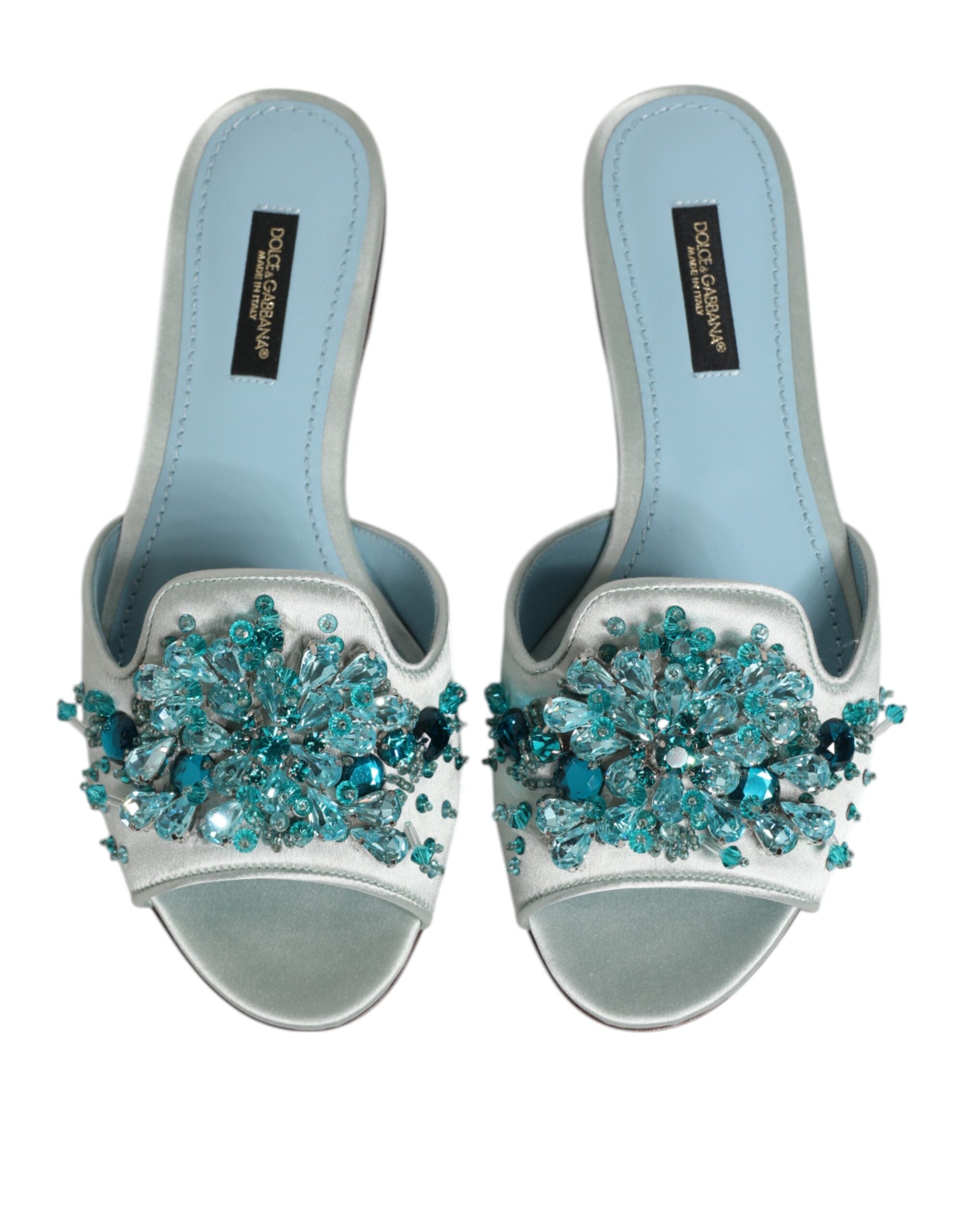 Silver Blue Leather Bead Embellish Slide Shoes - ventzia