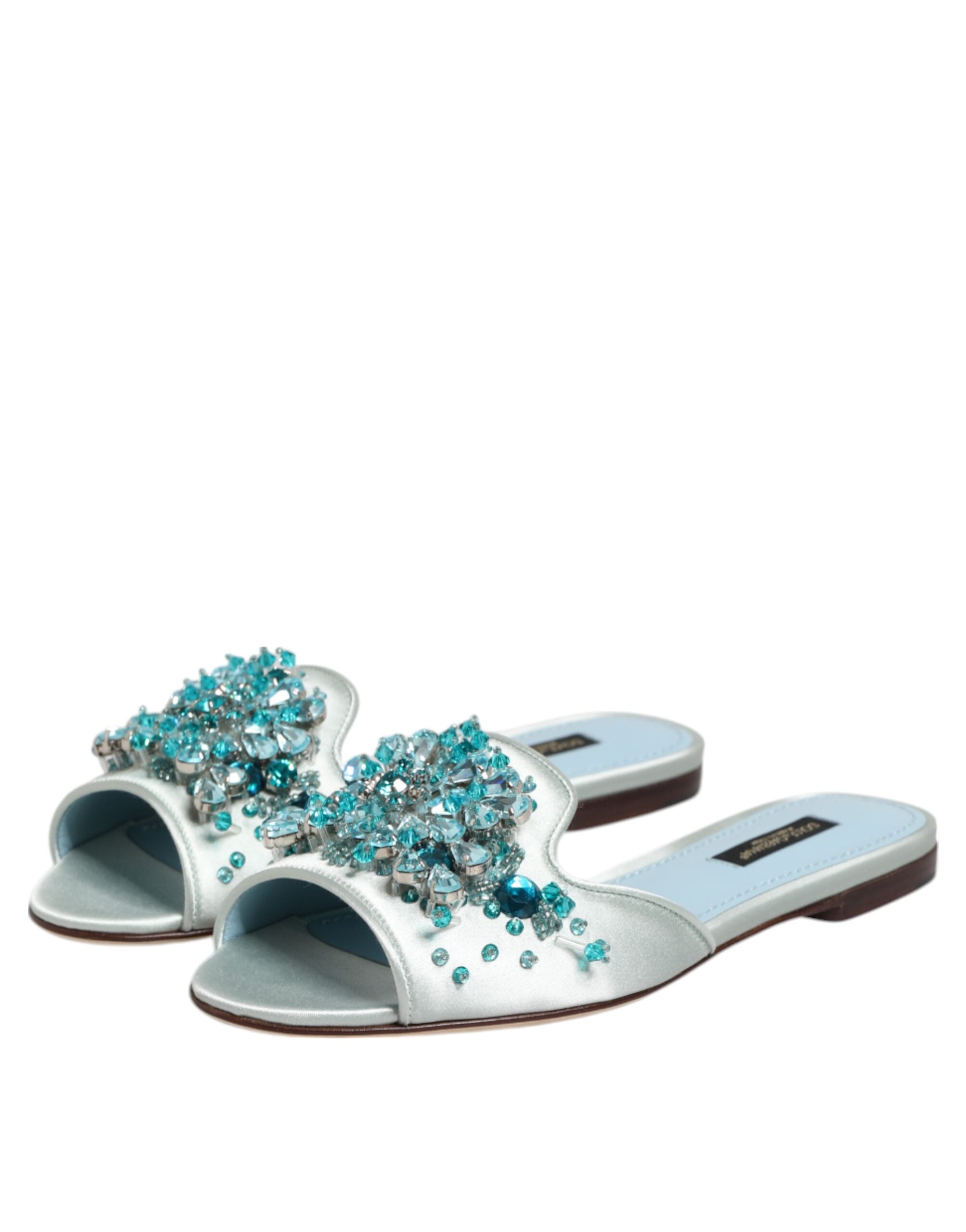Silver Blue Leather Bead Embellish Slide Shoes - ventzia
