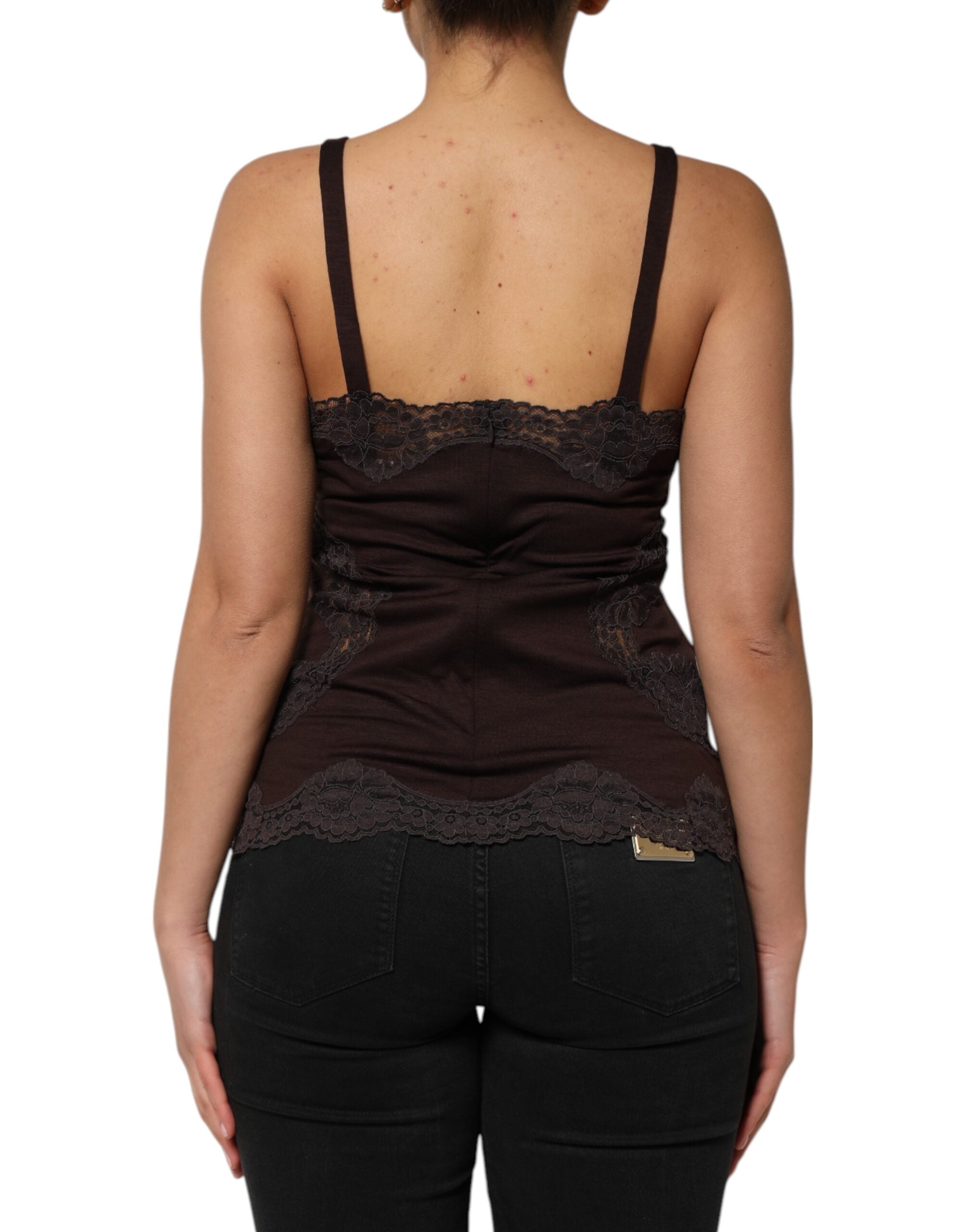 Dark Brown Lace Trim Wool Sleeveless Tank Top - ventzia