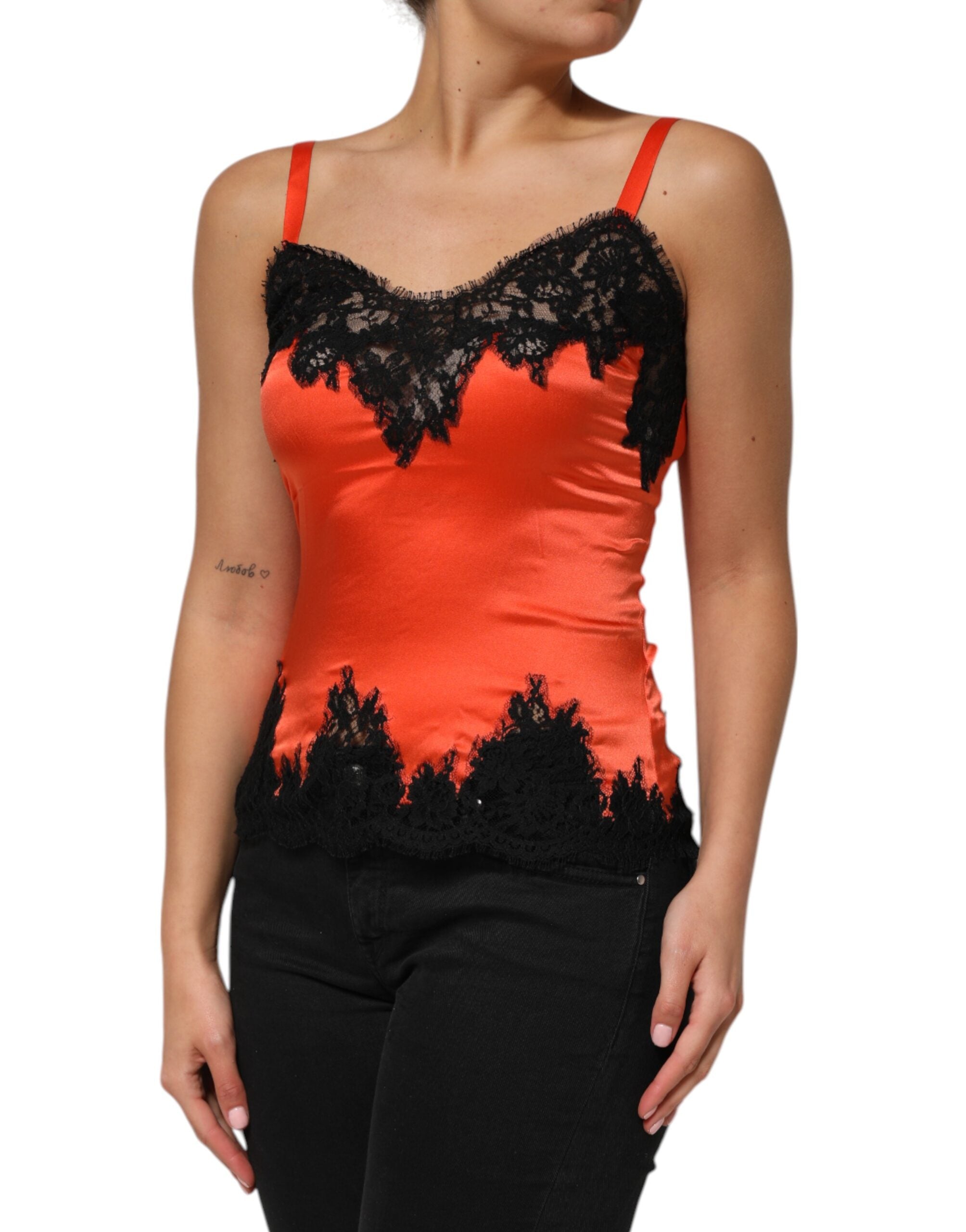 Red Black Lace Trim Silk Sleeveless Tank Top - ventzia