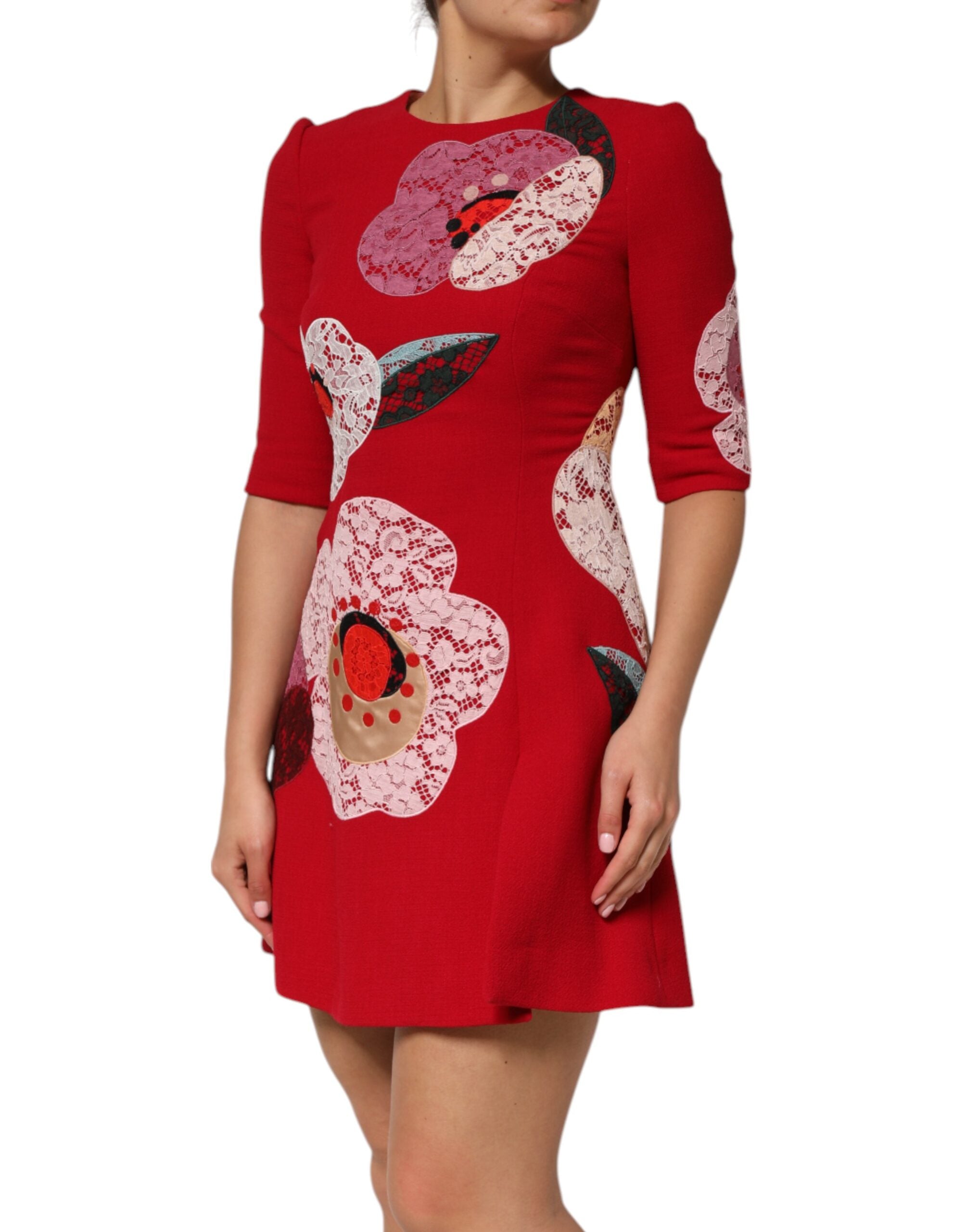 Red Lace Floral Applique A-line Mini Dress - ventzia