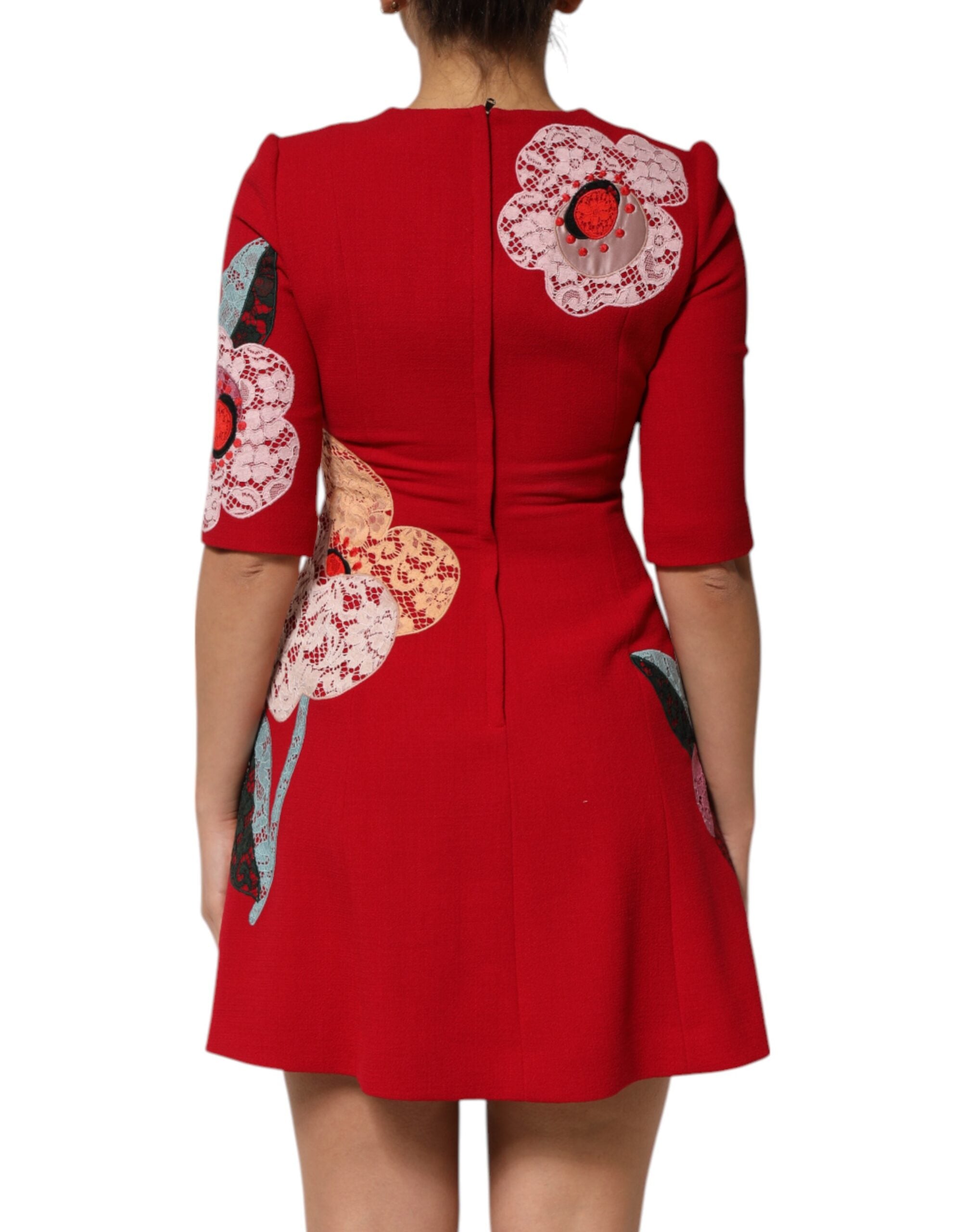 Red Lace Floral Applique A-line Mini Dress - ventzia