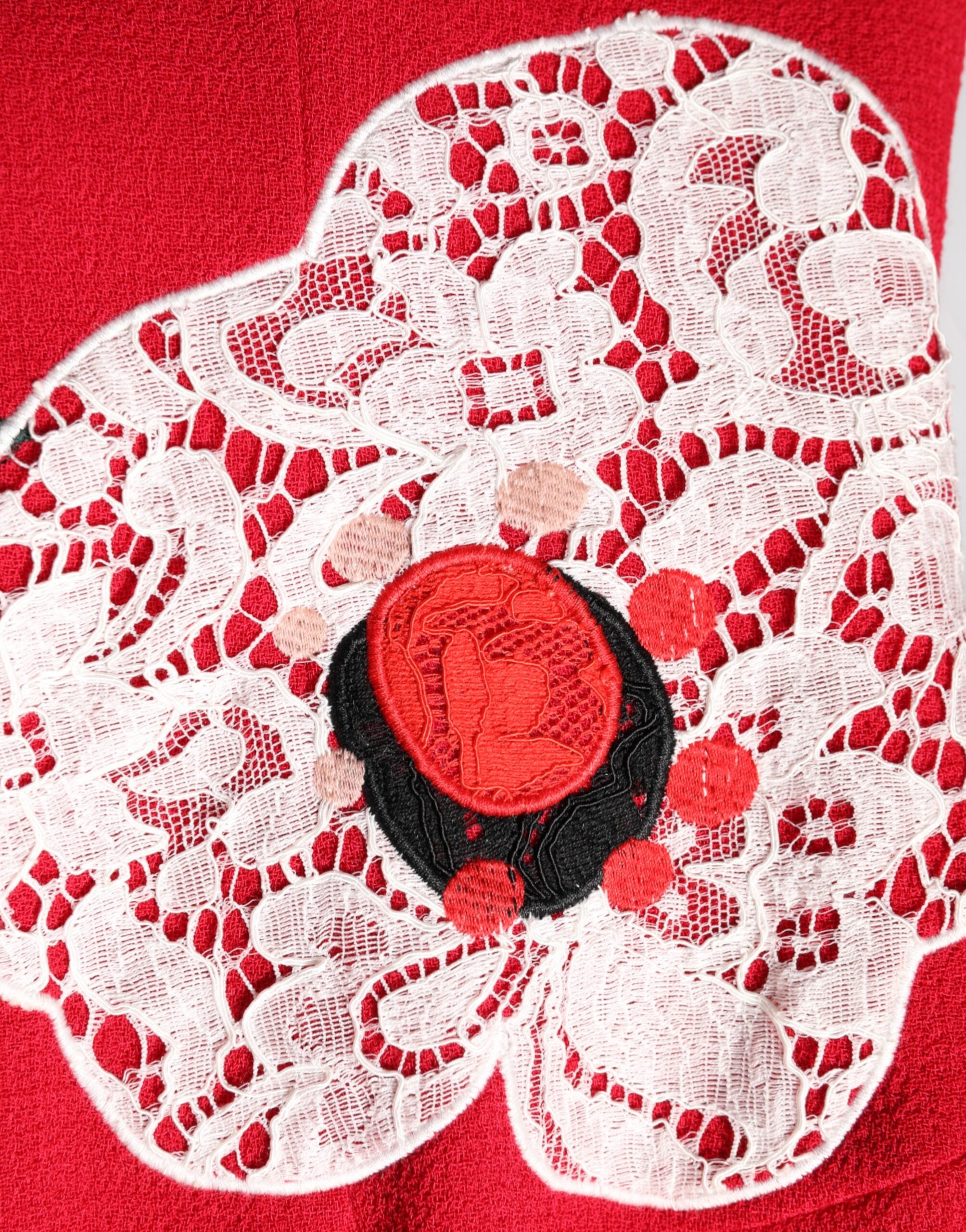 Red Lace Floral Applique A-line Mini Dress - ventzia