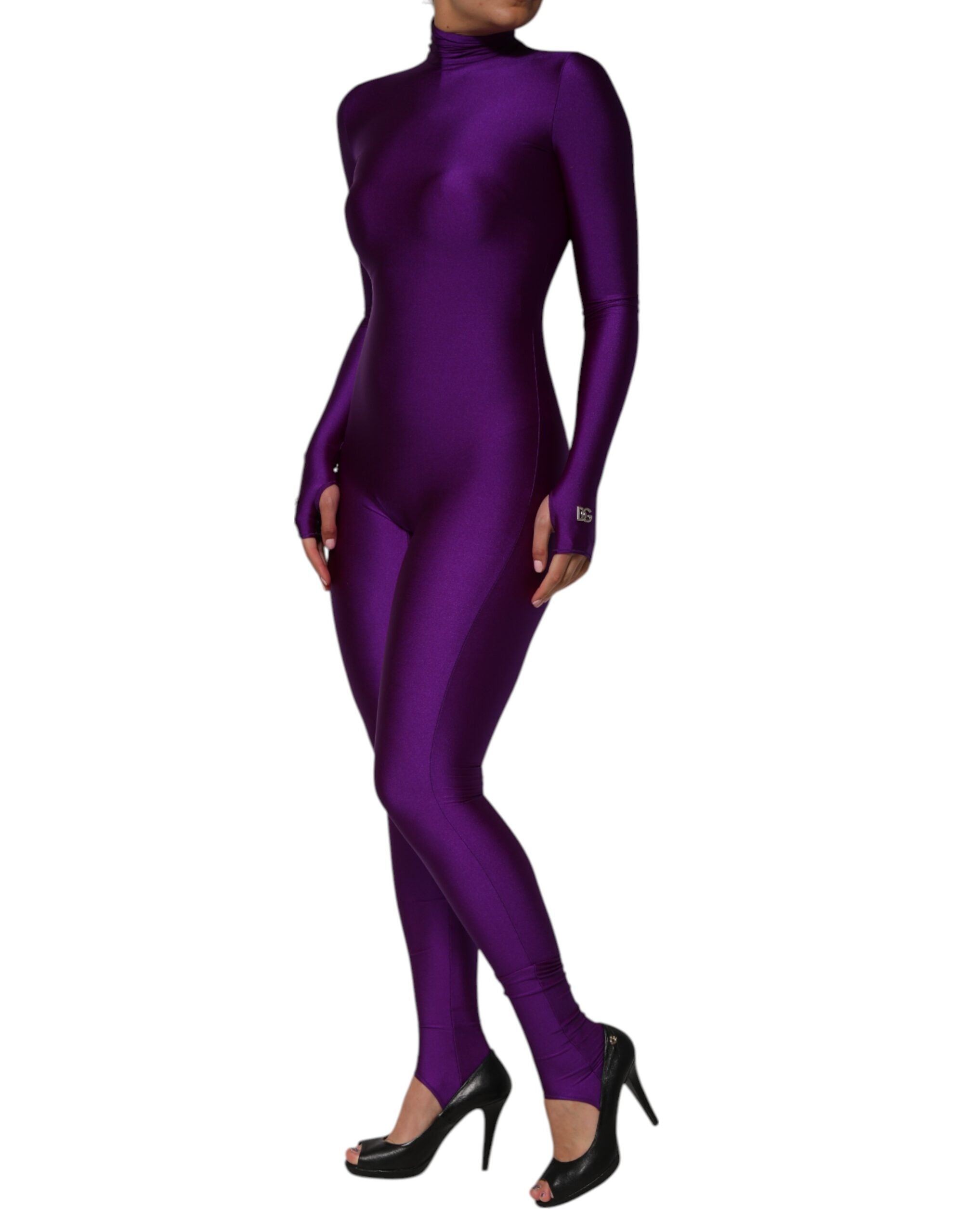 Purple Nylon Turtleneck Bodycon Jumpsuit Dress - ventzia