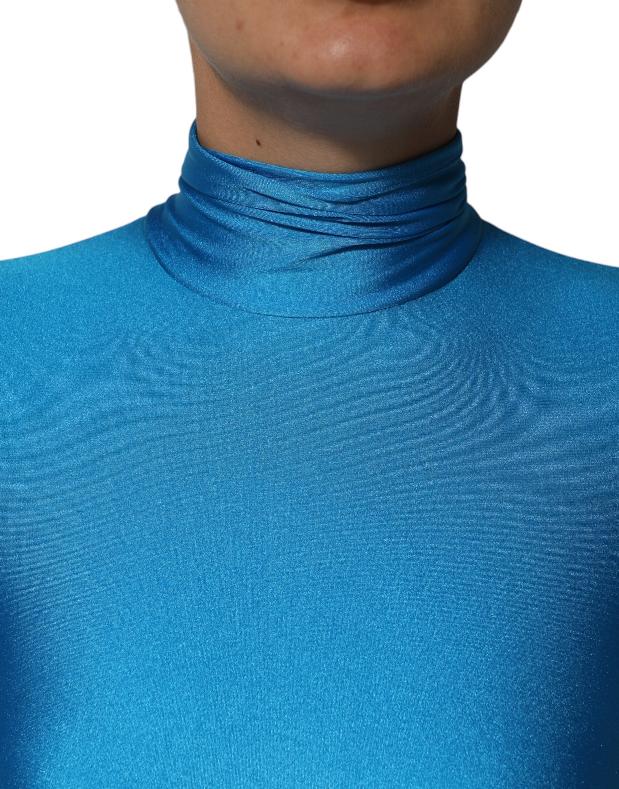 Blue Nylon Turtleneck Bodycon Jumpsuit Dress - ventzia