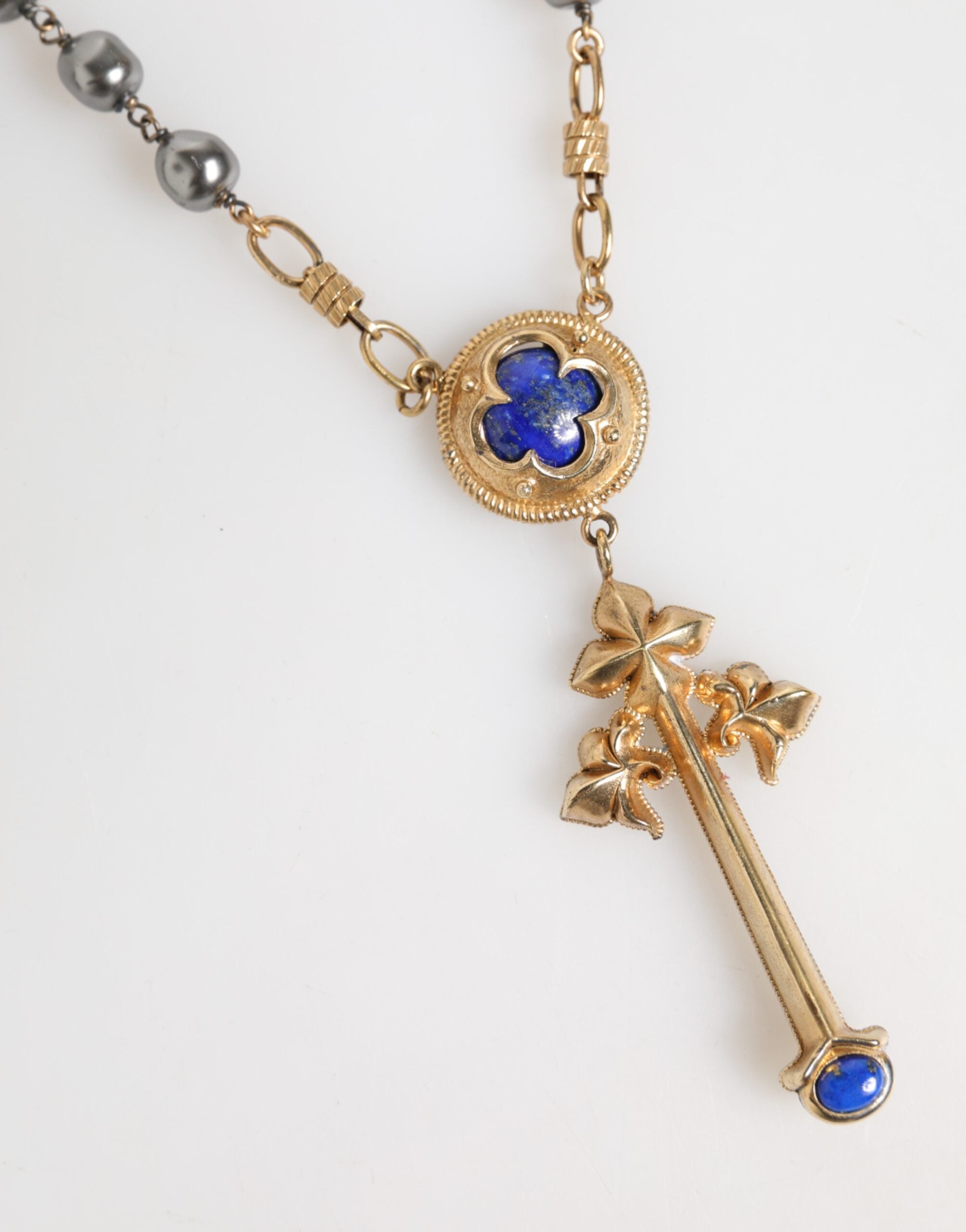 Gold Tone Beaded Chain Religious Cross Necklace - ventzia