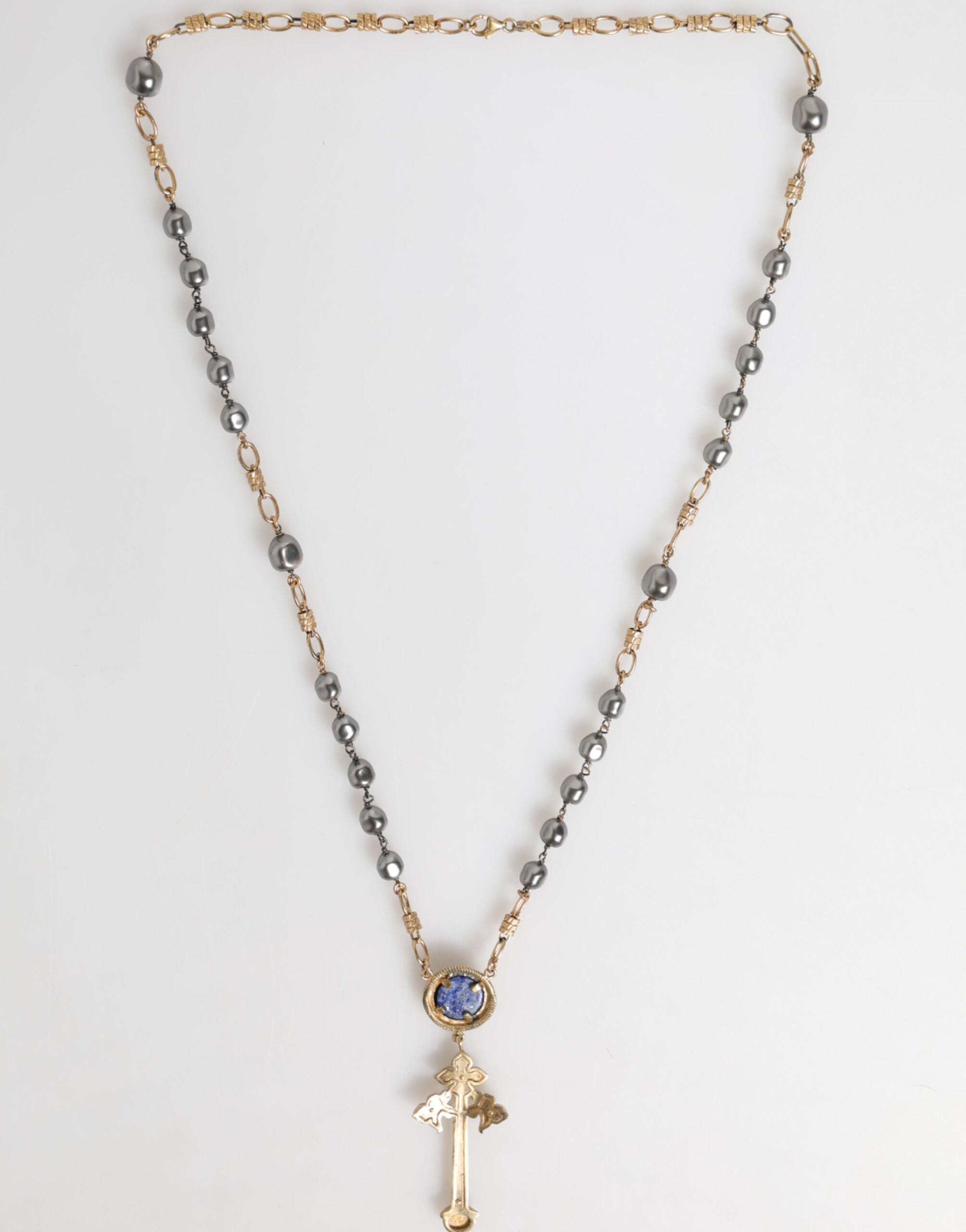 Gold Tone Beaded Chain Religious Cross Necklace - ventzia