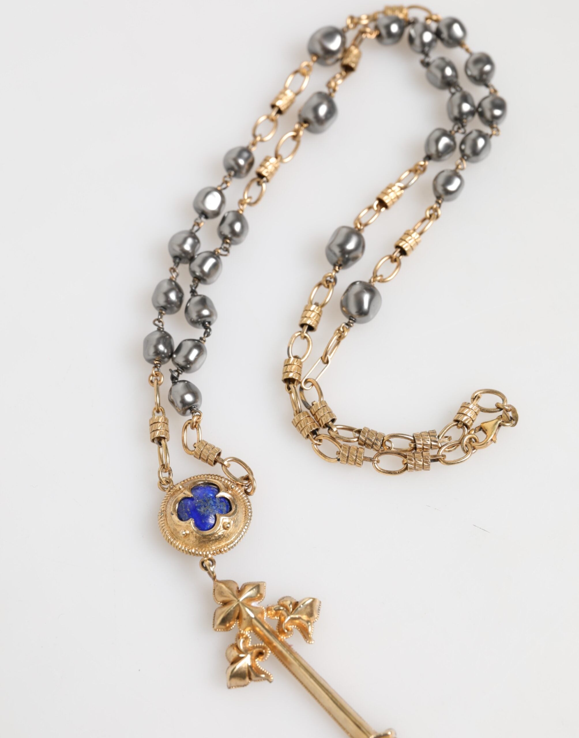 Gold Tone Beaded Chain Religious Cross Necklace - ventzia
