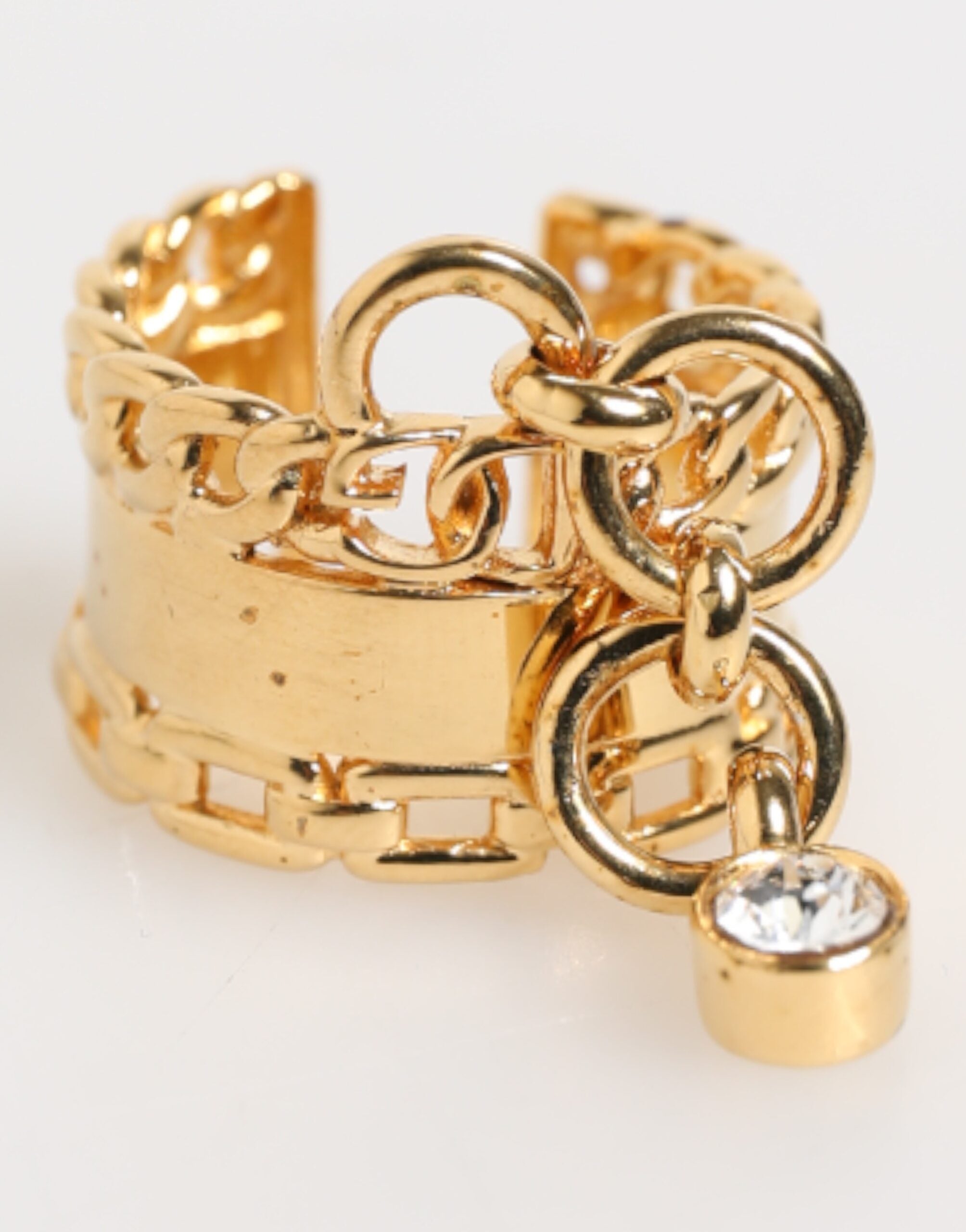 Gold Tone Brass Logo Chain Clear Crystals Adjustable Ring - ventzia
