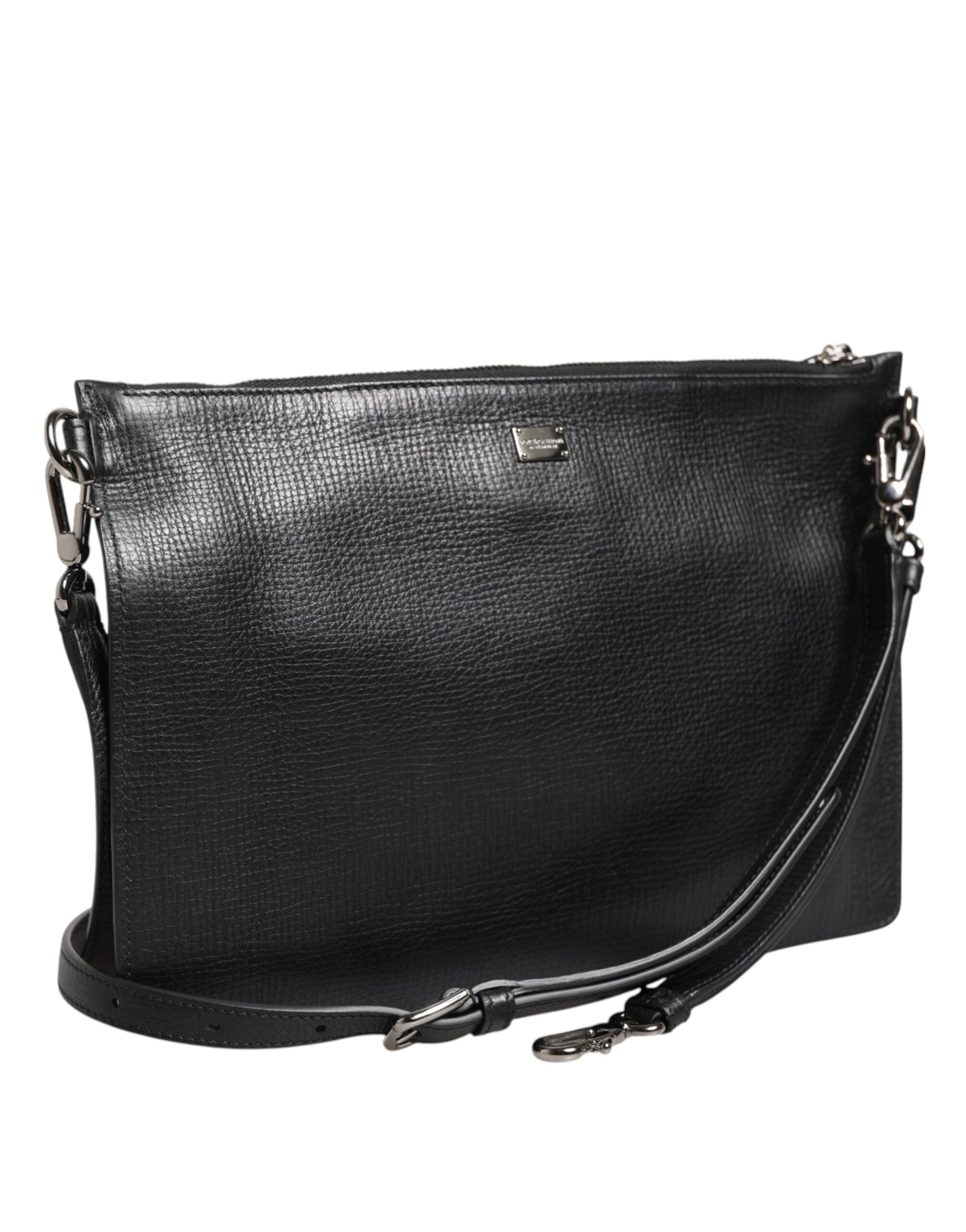 Black Palmellato Leather Logo Plaque Shoulder Borse Bag - ventzia