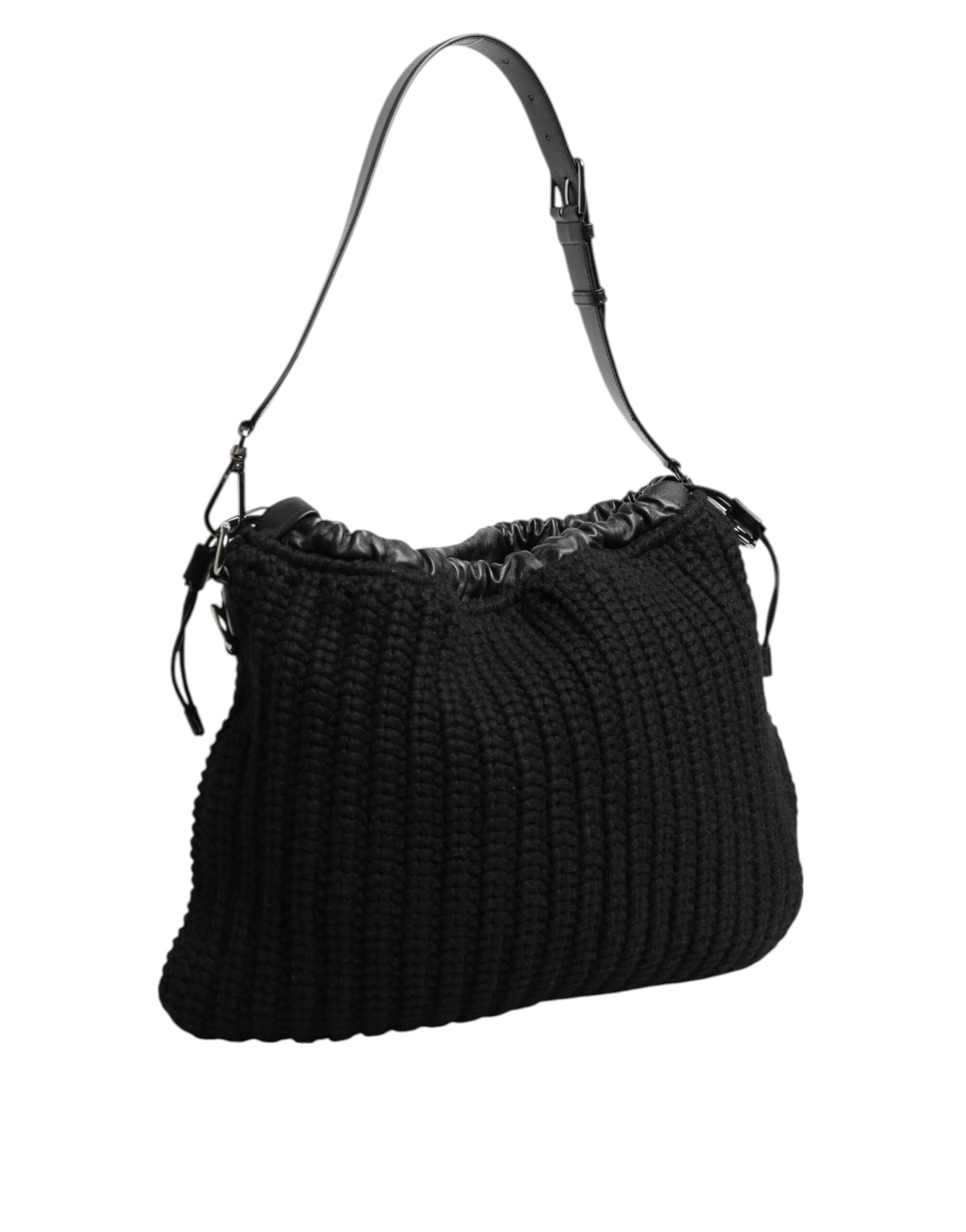 Black Cashmere Knitted Leather Shoulder Women Borse Bag - ventzia