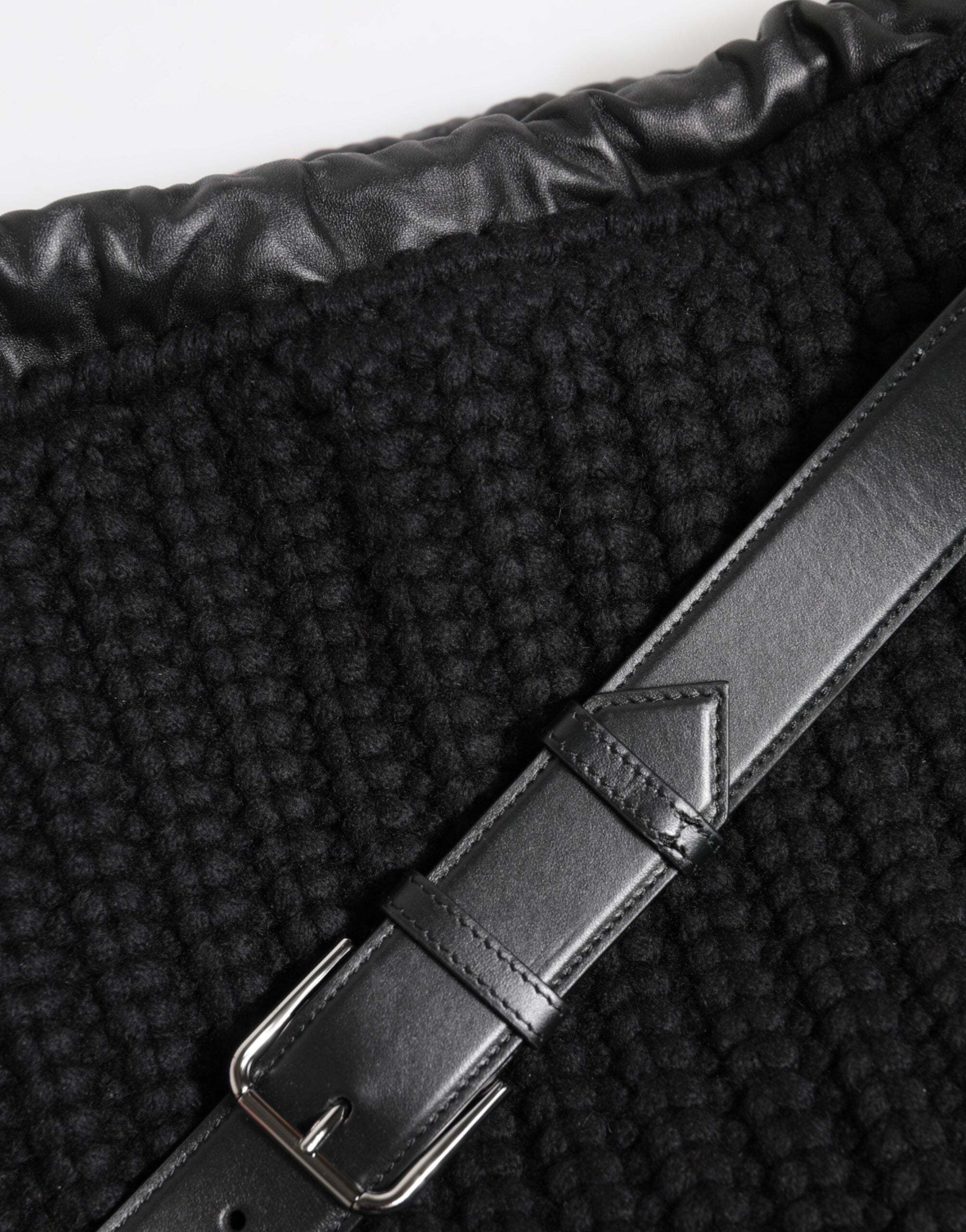 Black Cashmere Knitted Leather Shoulder Women Borse Bag - ventzia