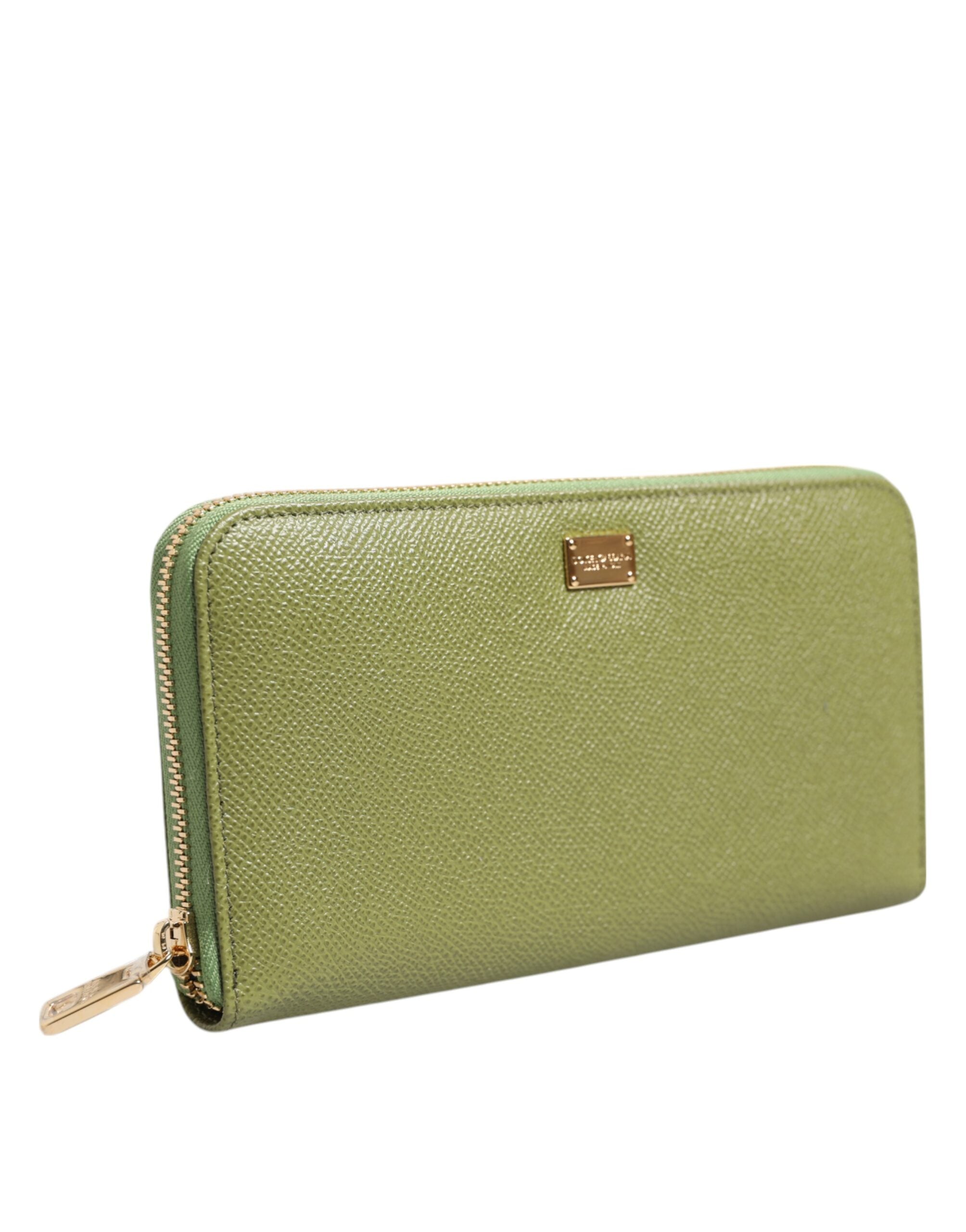 Green Leather Logo Plaque Zip Around Continenta Wallet - ventzia