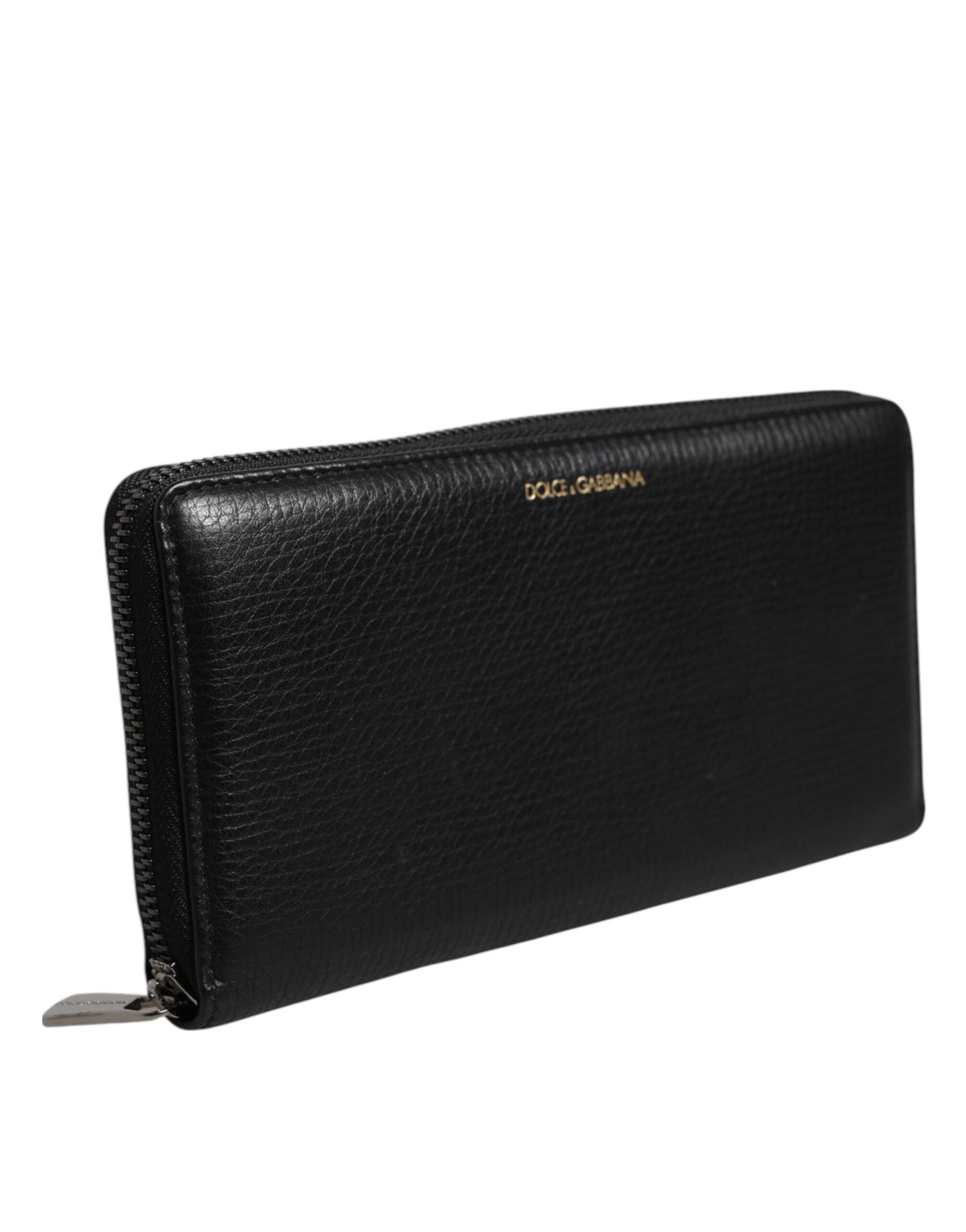 Black Calfskin Leather Logo Zip Around Continental Wallet - ventzia