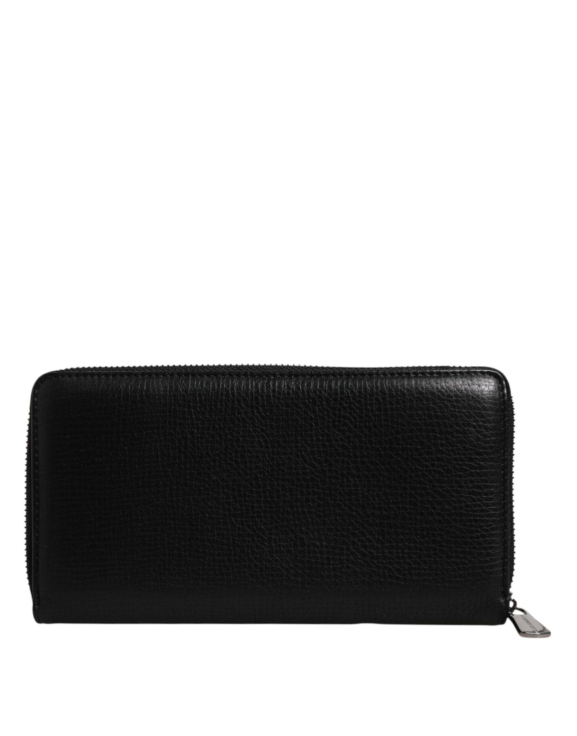 Black Calfskin Leather Logo Zip Around Continental Wallet - ventzia