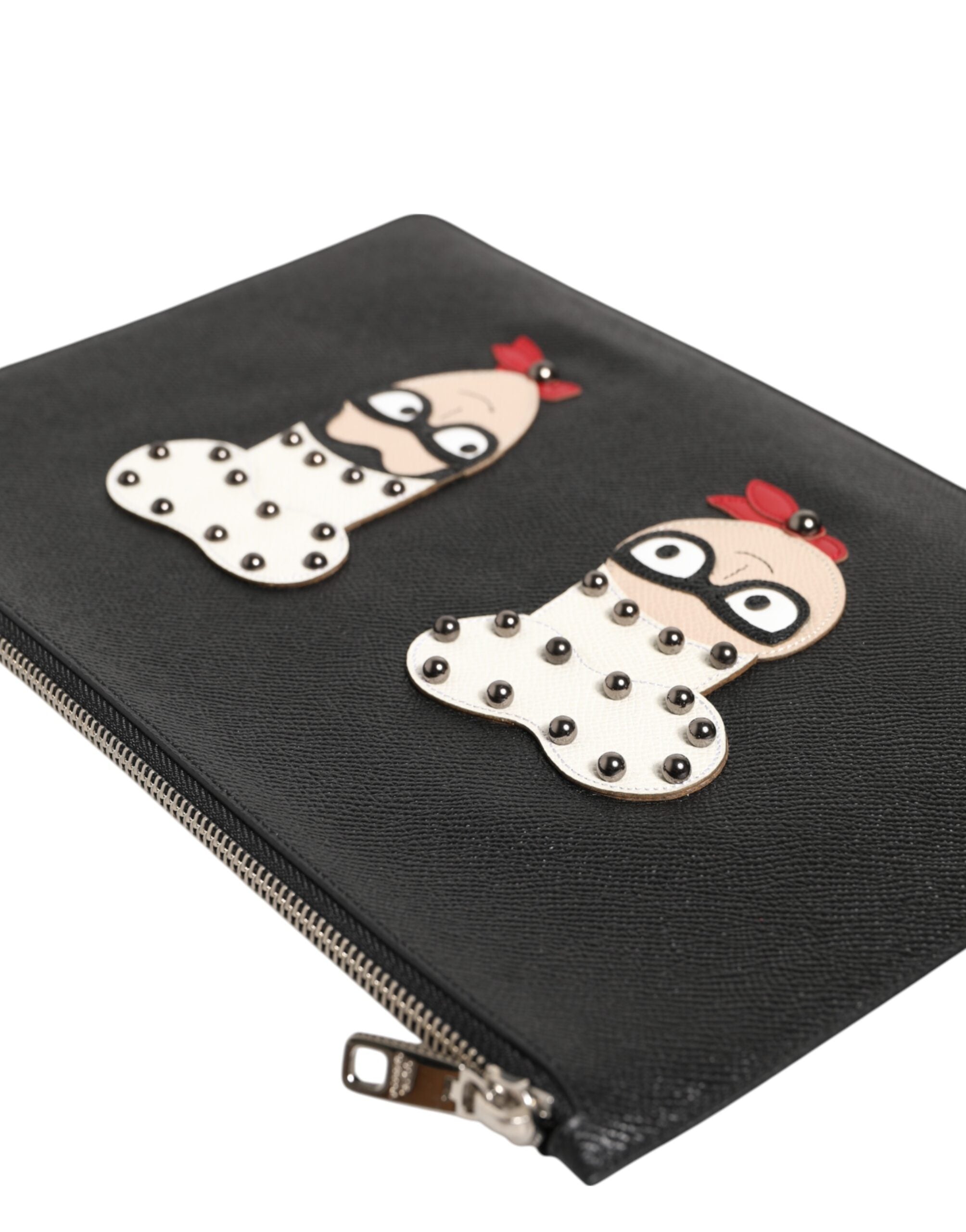 Black Leather #DGFAMILY Embellished Men Clutch Pouch Bag - ventzia
