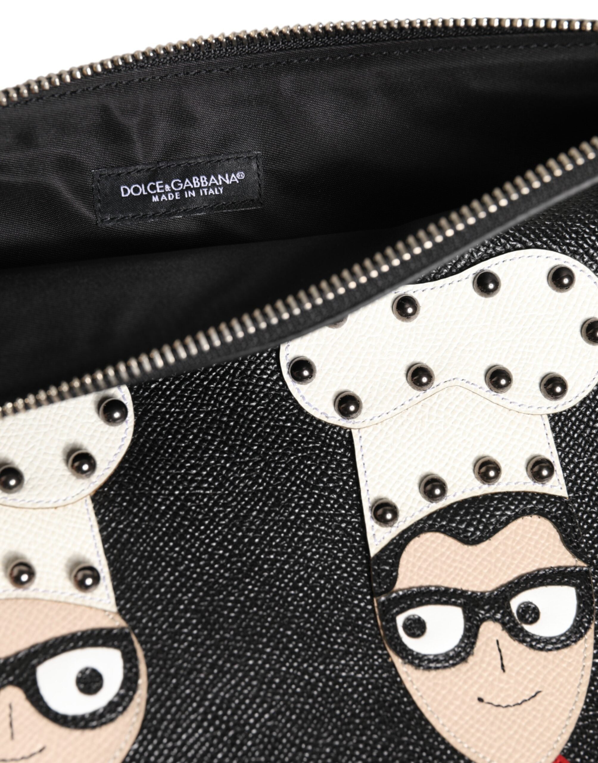 Black Leather #DGFAMILY Embellished Men Clutch Pouch Bag - ventzia