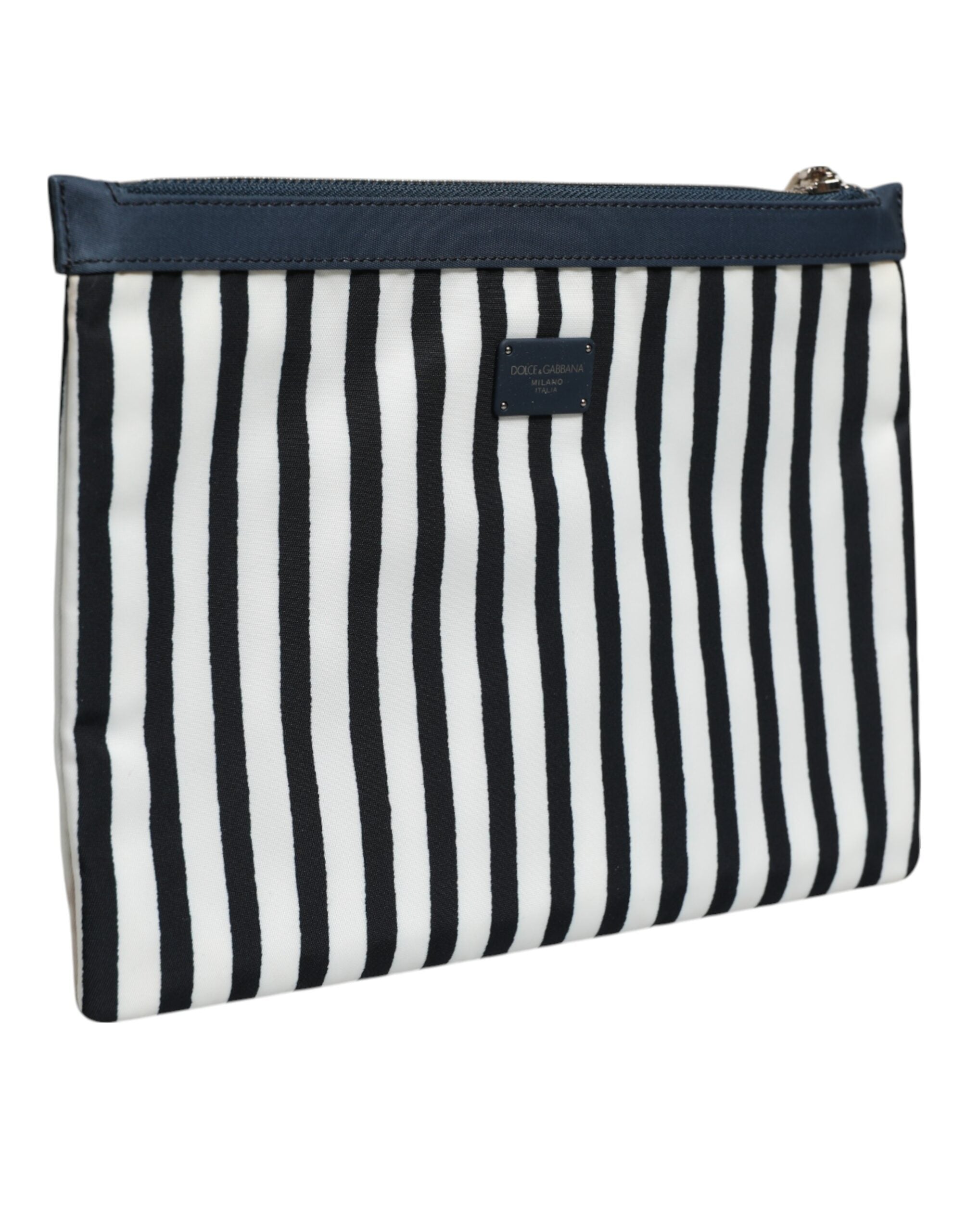 Black White Striped Logo Plaque Clutch Pouch Bag - ventzia
