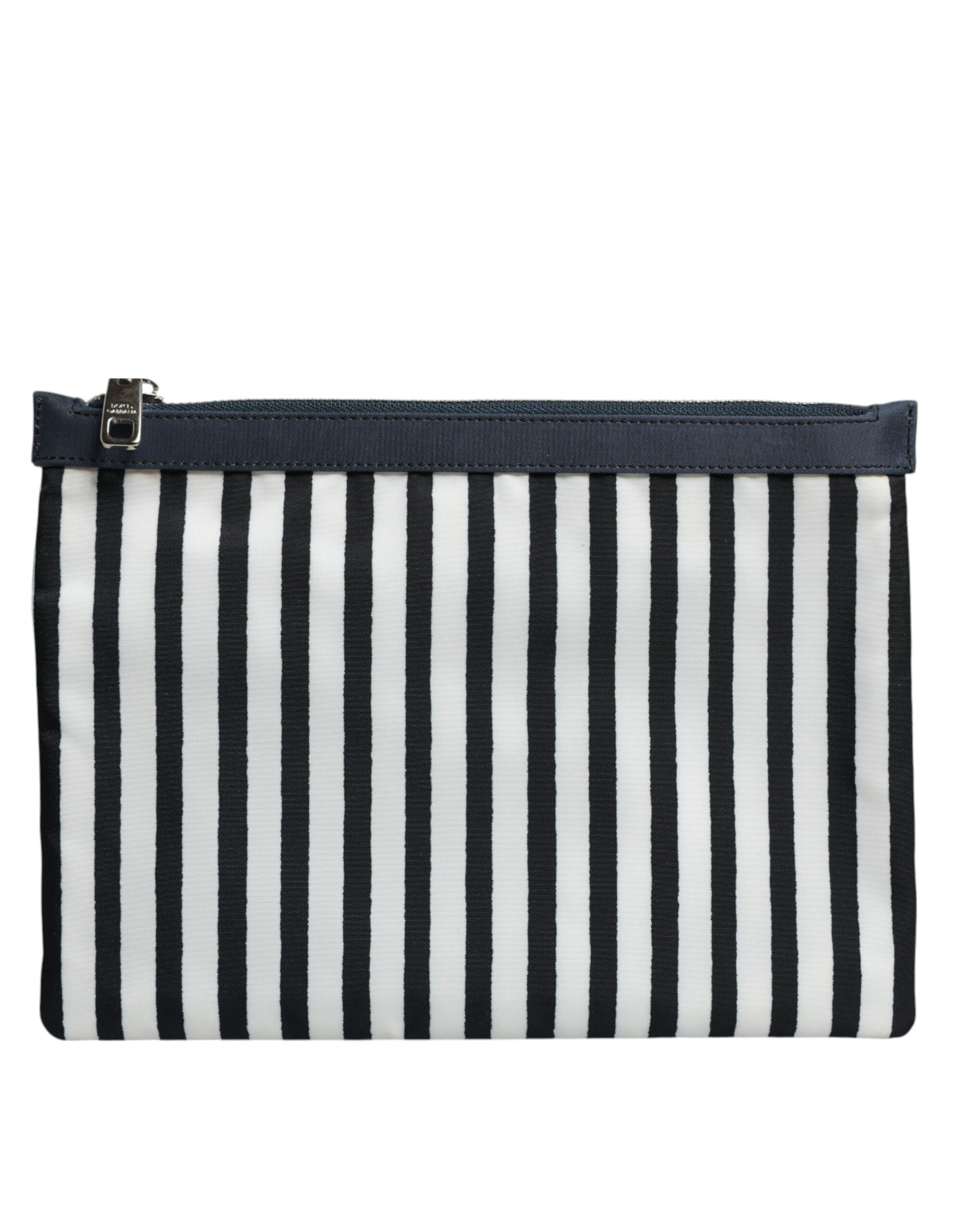 Black White Striped Logo Plaque Clutch Pouch Bag - ventzia