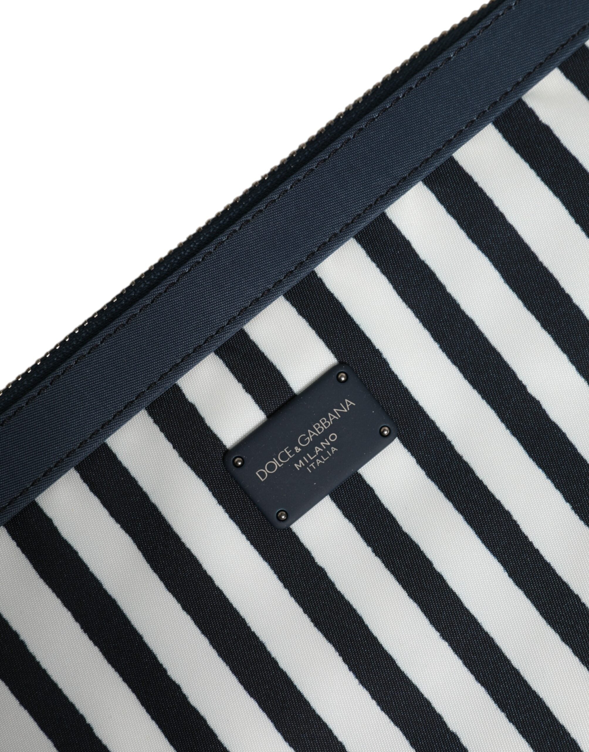 Black White Striped Logo Plaque Clutch Pouch Bag - ventzia