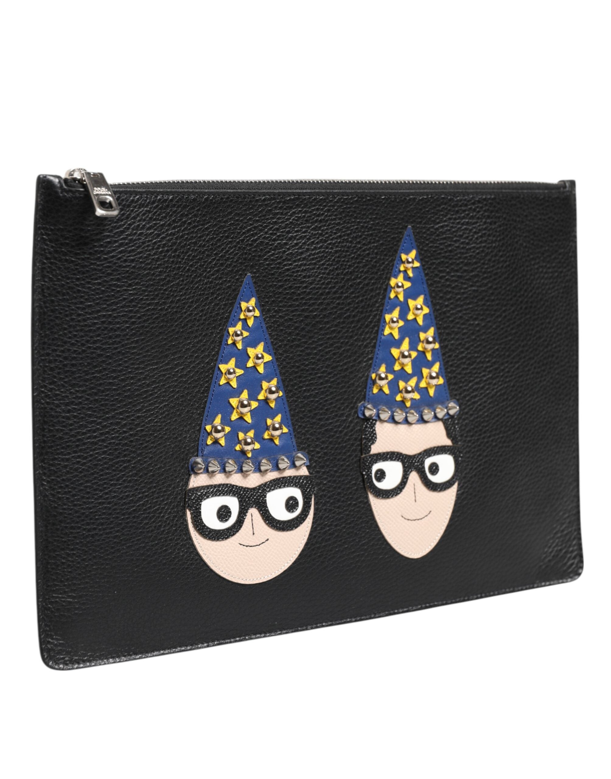 Black Leather #DGFAMILY Embellished Men Clutch Pouch Bag - ventzia