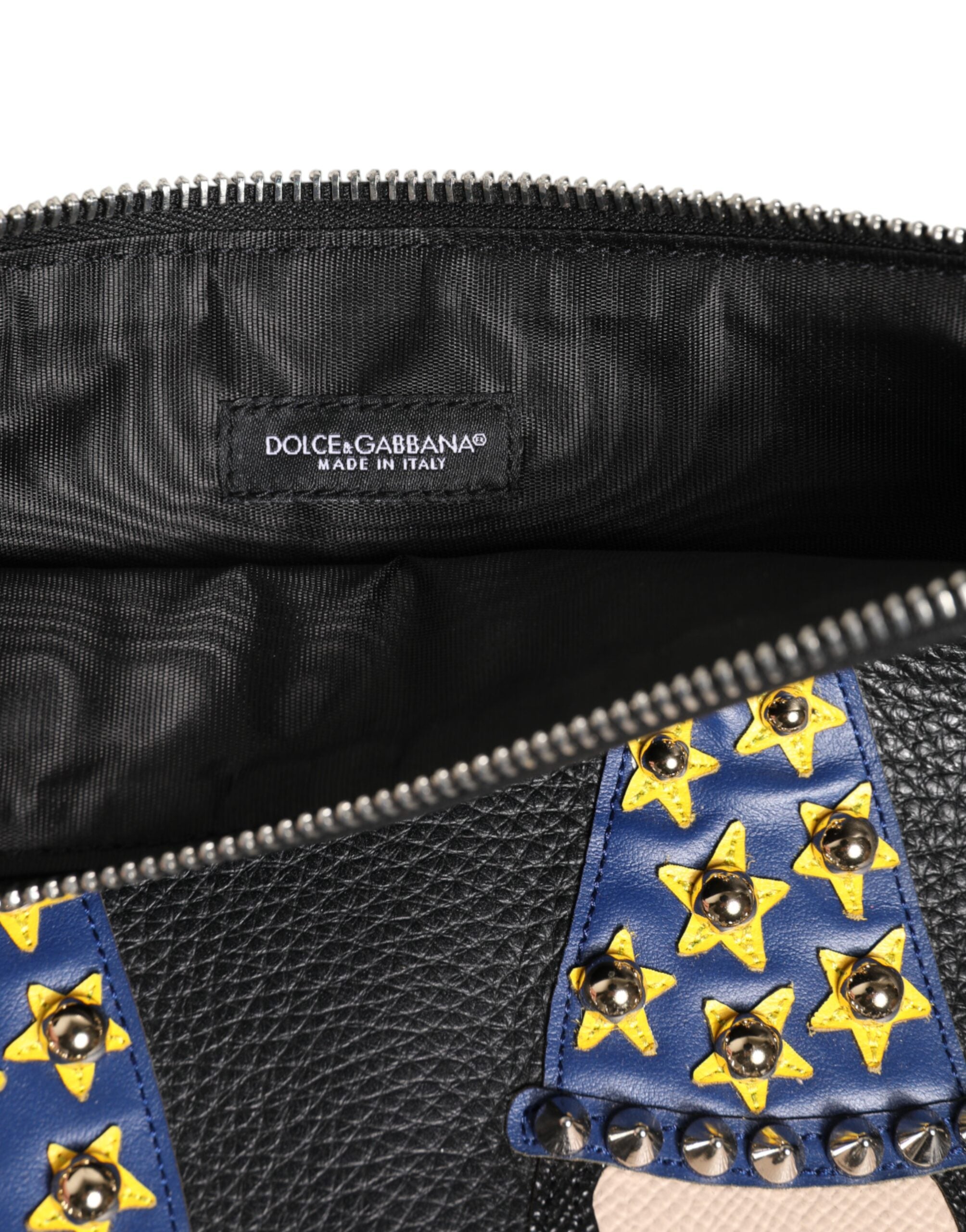 Black Leather #DGFAMILY Embellished Men Clutch Pouch Bag - ventzia