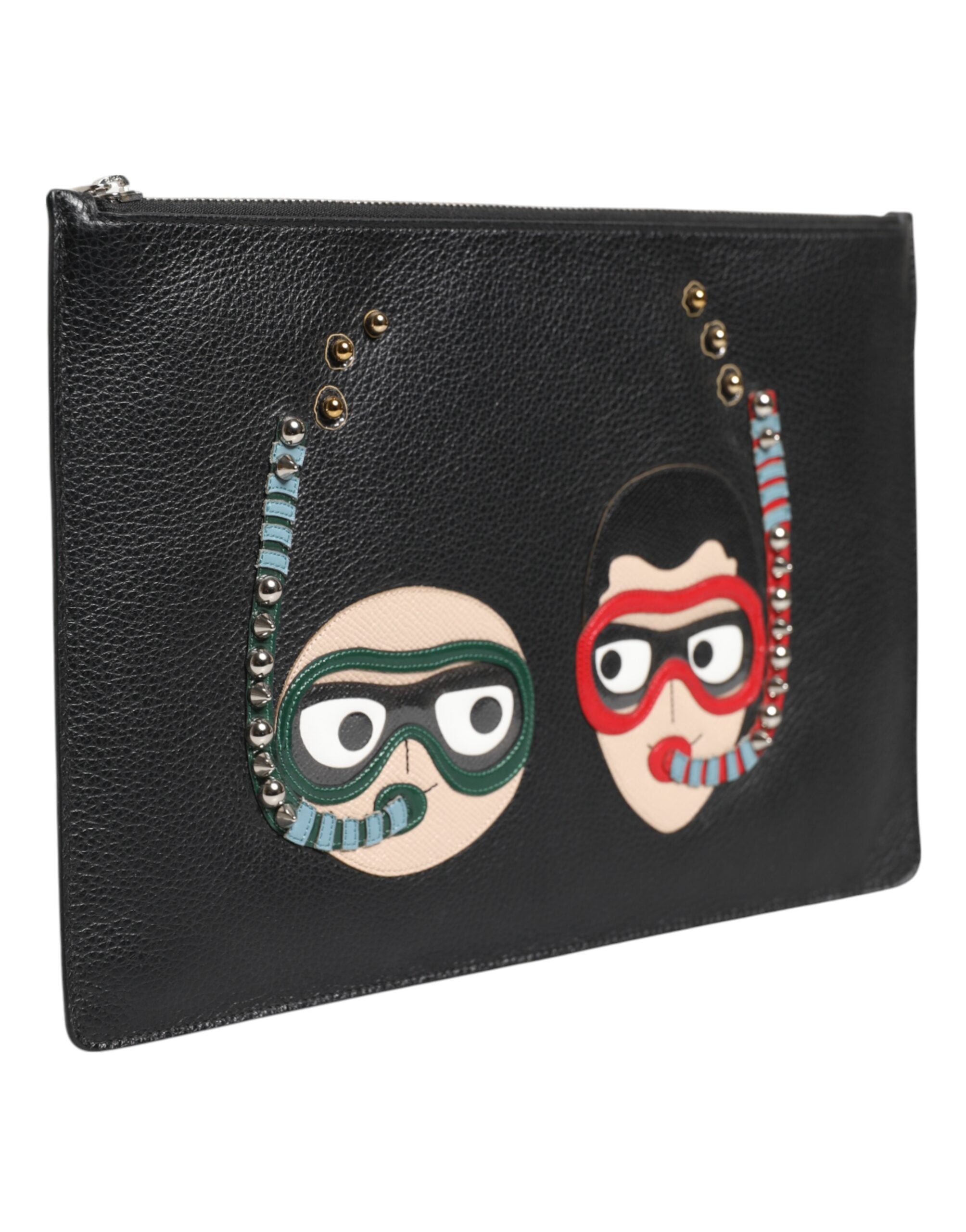 Black Leather #DGFAMILY Embellished Men Clutch Pouch Bag - ventzia