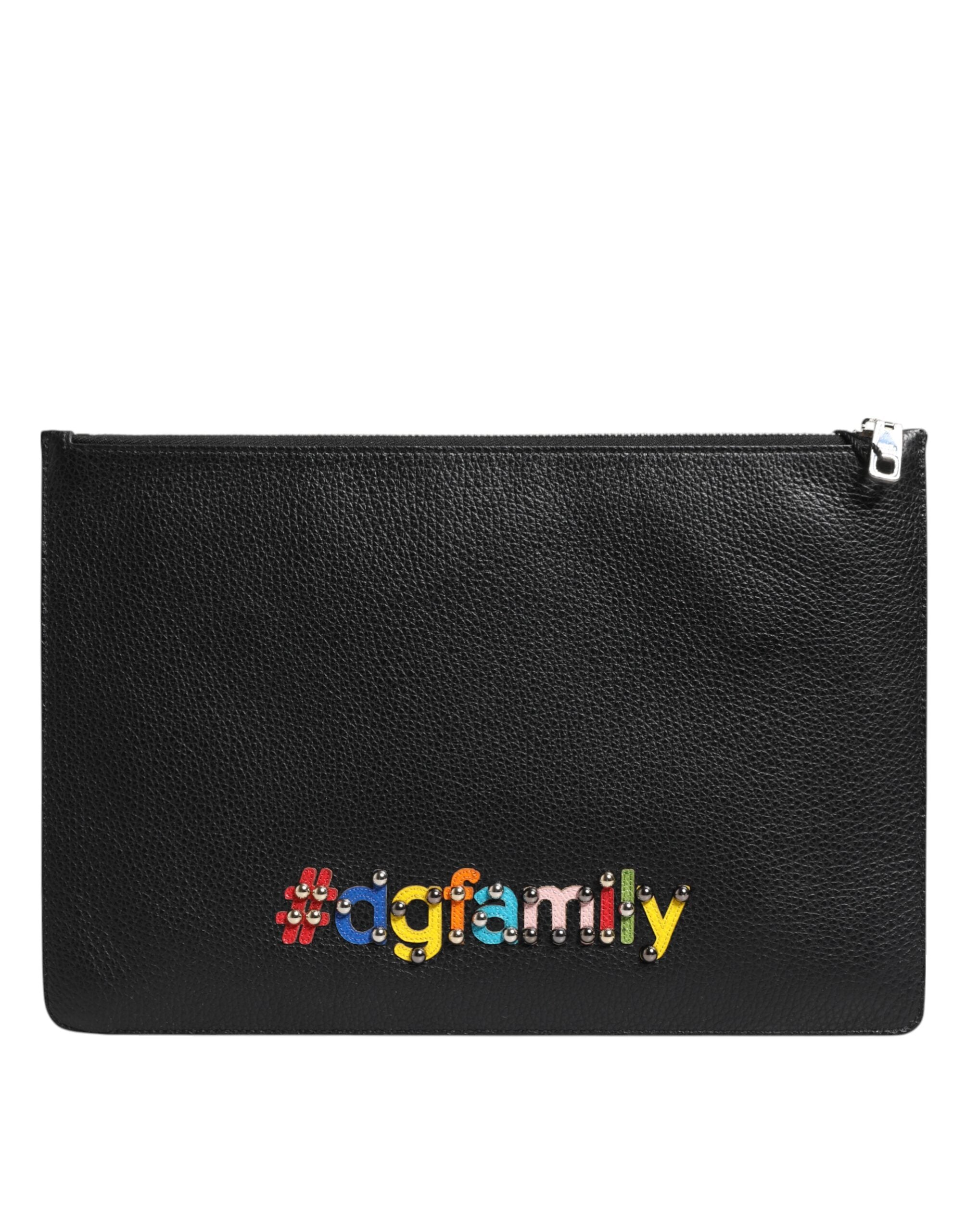 Black Leather #DGFAMILY Embellished Men Clutch Pouch Bag - ventzia