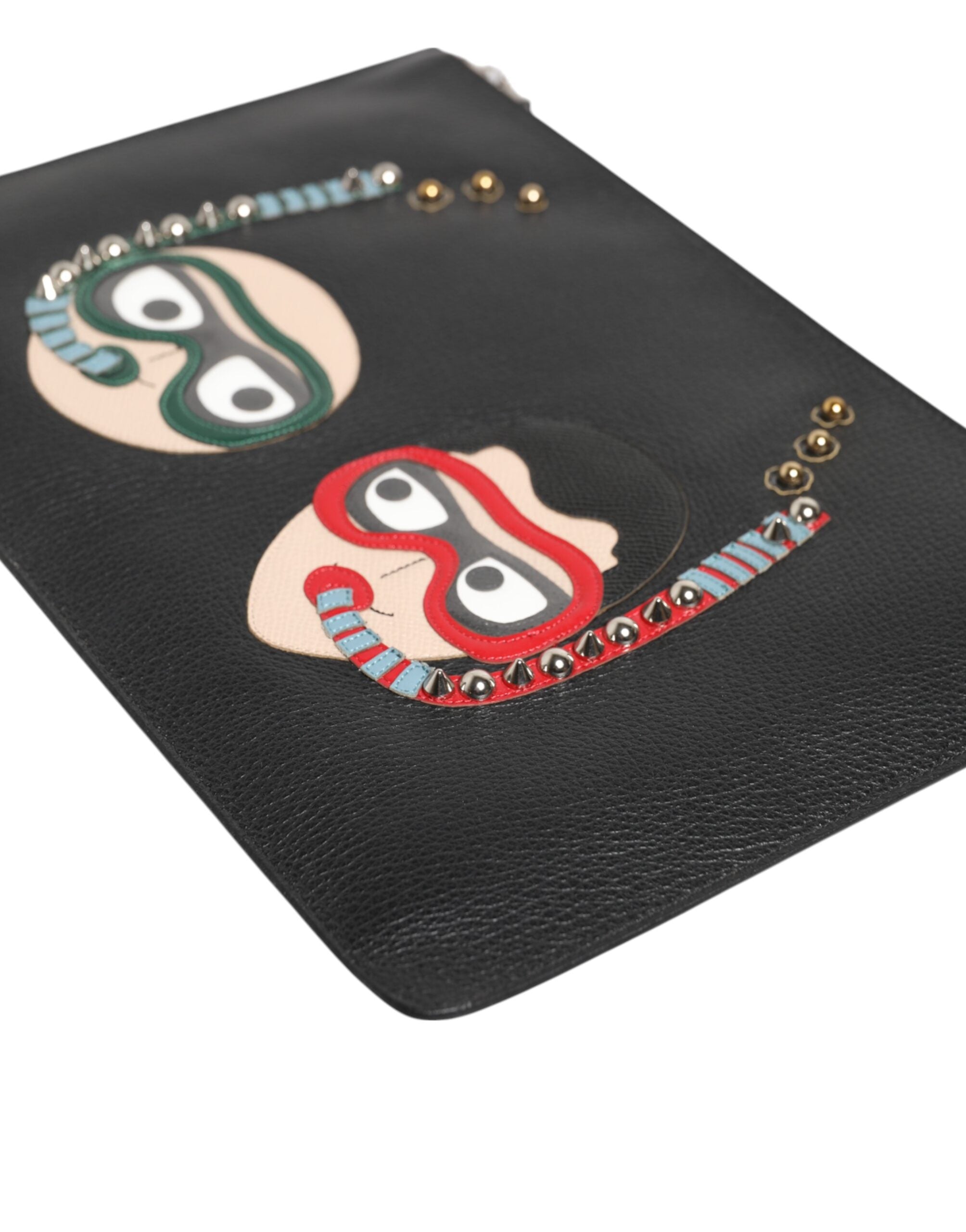 Black Leather #DGFAMILY Embellished Men Clutch Pouch Bag - ventzia