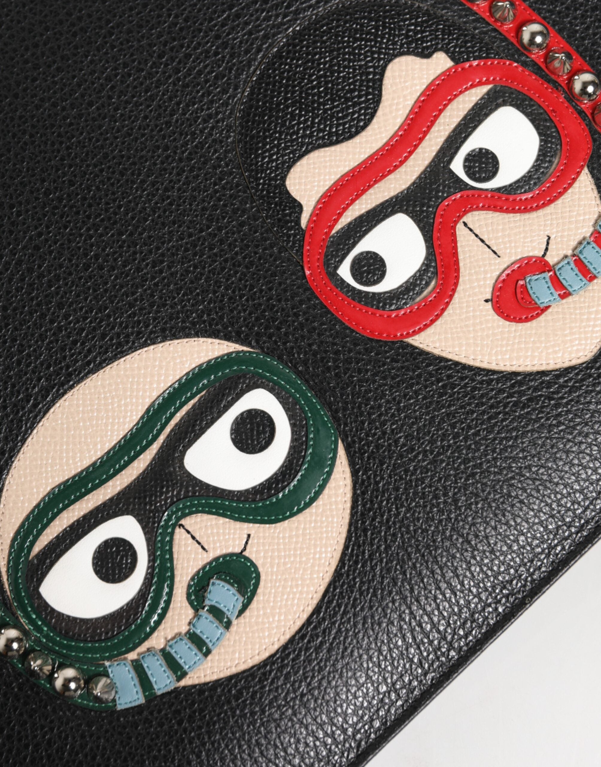 Black Leather #DGFAMILY Embellished Men Clutch Pouch Bag - ventzia